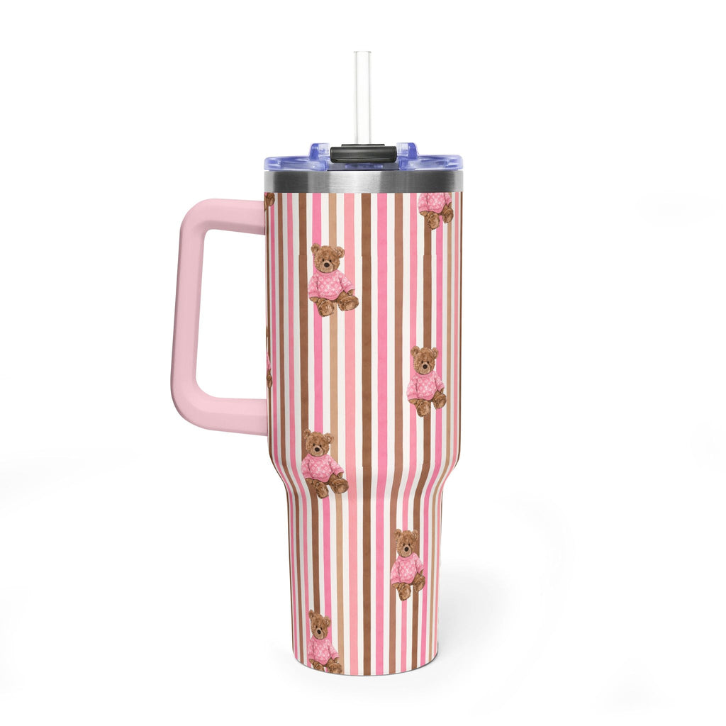 Pink & brown striped 40 oz tumbler with side handle, bear decor, lid and straw
