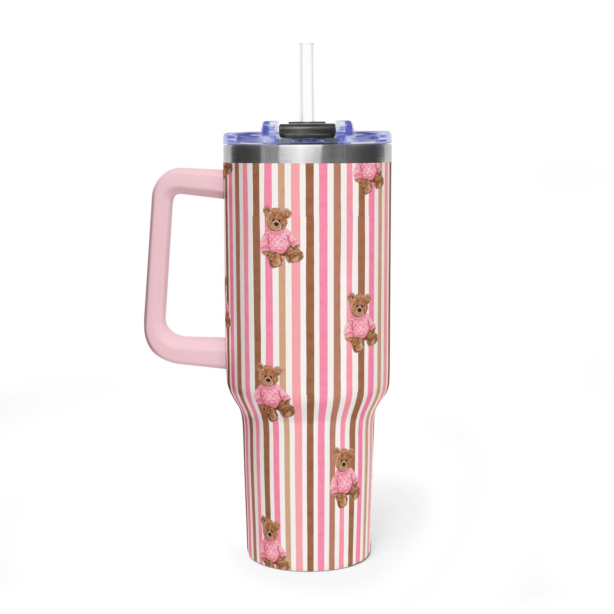 Pink & brown striped 40 oz tumbler with side handle, bear decor, lid and straw