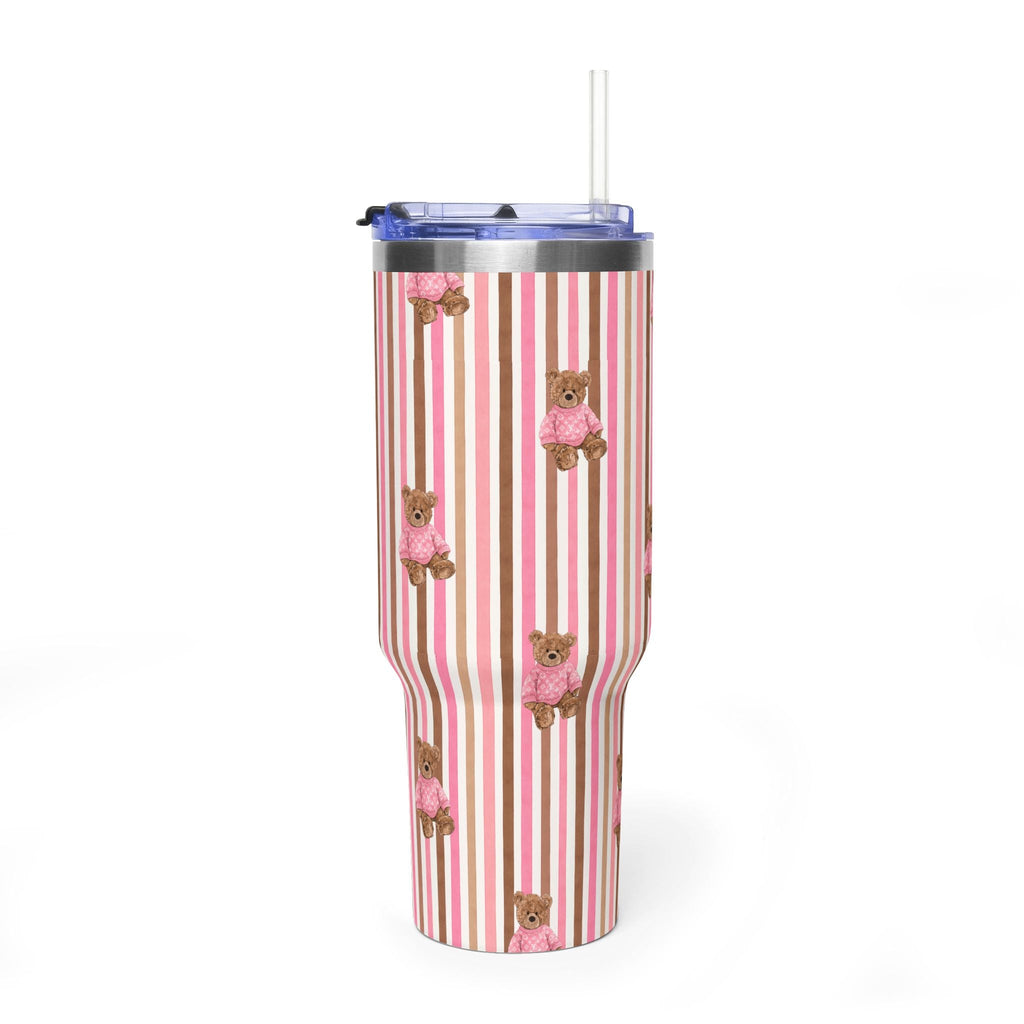 Tall 40 oz tumbler with pink/brown stripes and bear decor, clear straw lid