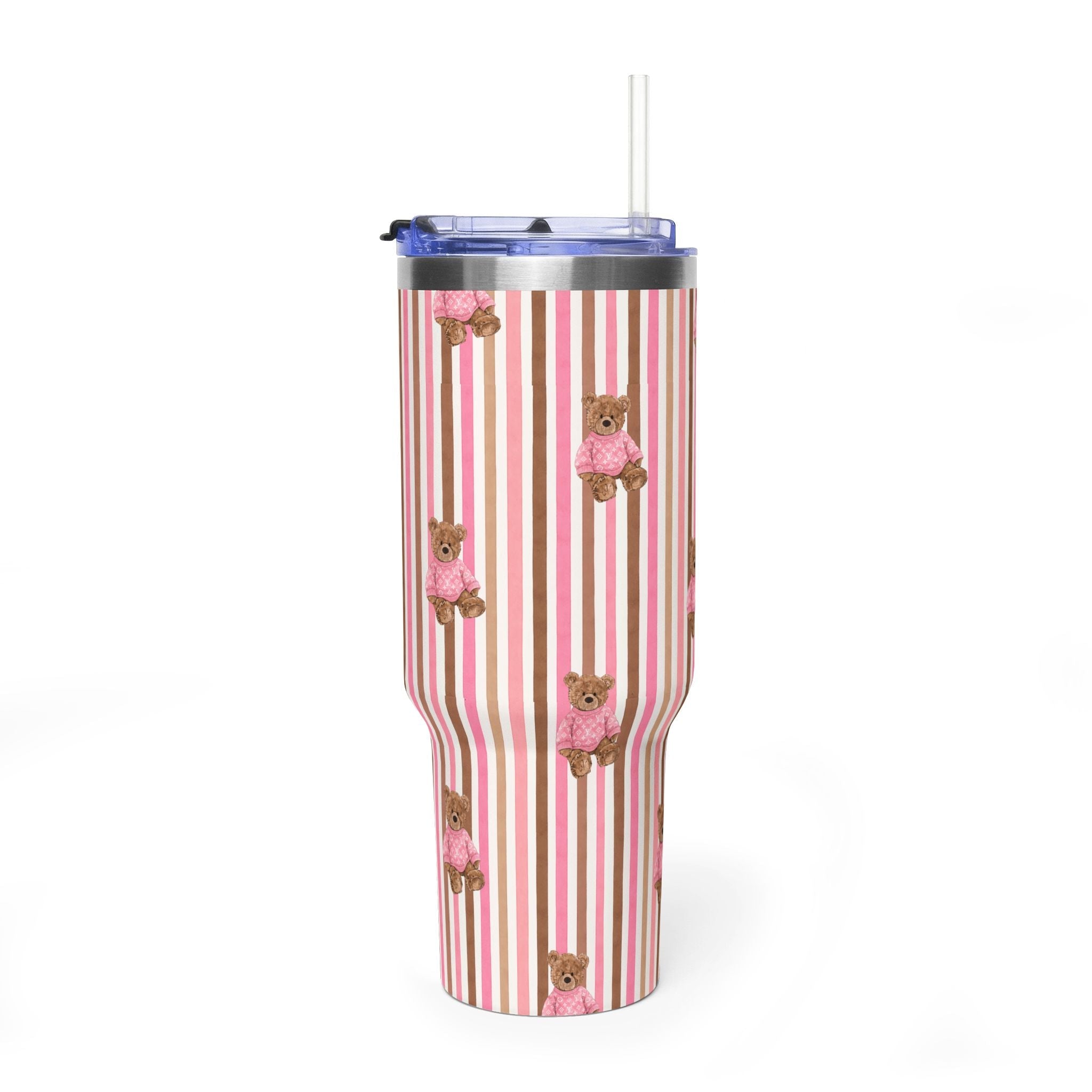 Tall 40 oz tumbler with pink/brown stripes and bear decor, clear straw lid