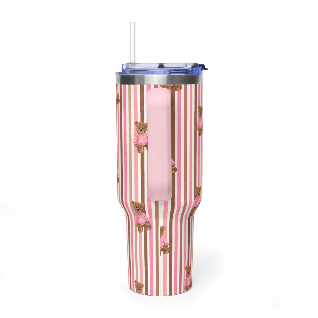 40 oz tumbler with bear-decor stripes and pink handle, lid and straw