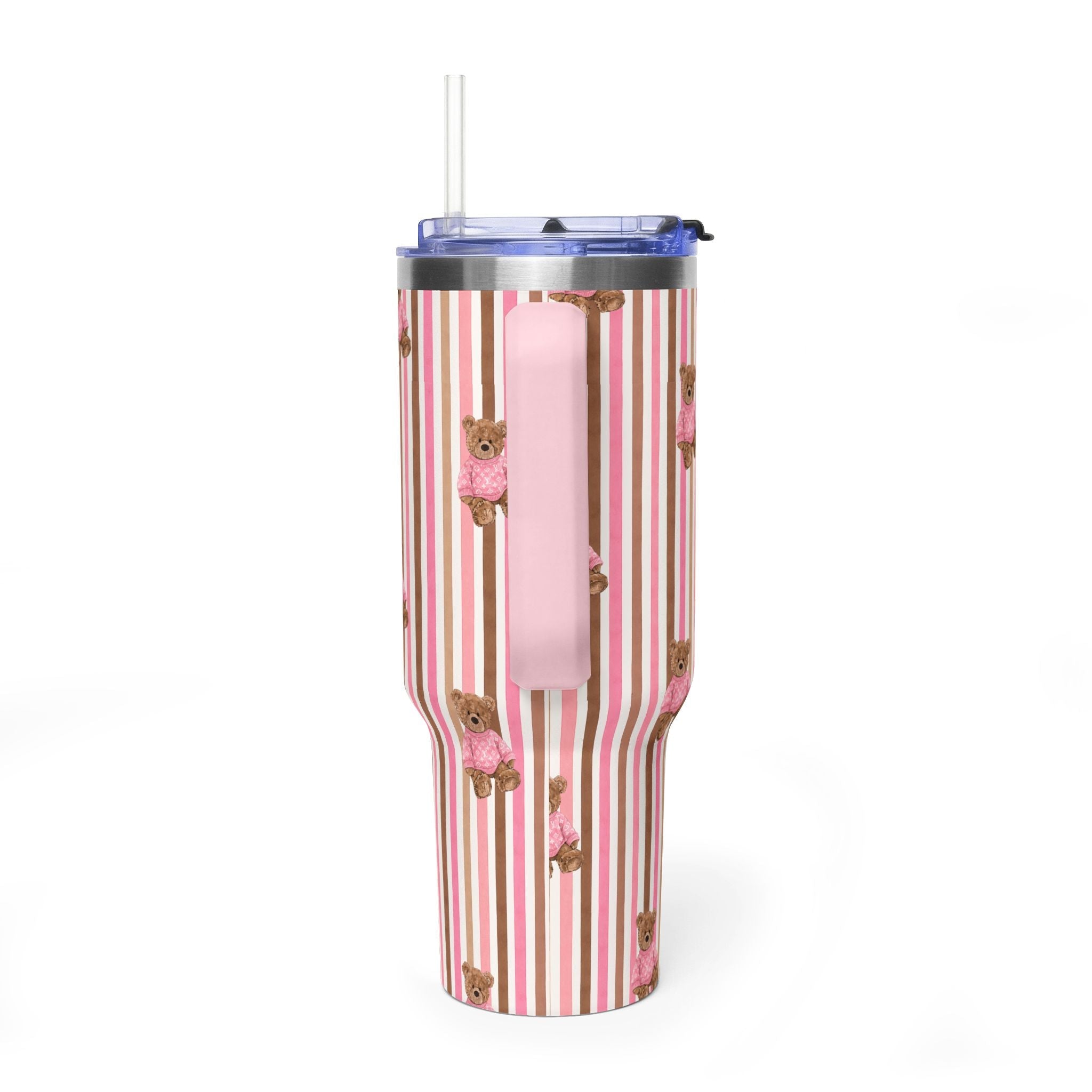 40 oz tumbler with bear-decor stripes and pink handle, lid and straw