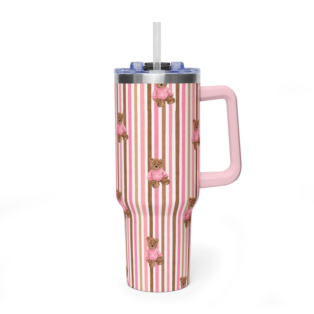 40 oz pink & brown striped tumbler with bear appliqués, lid and straw