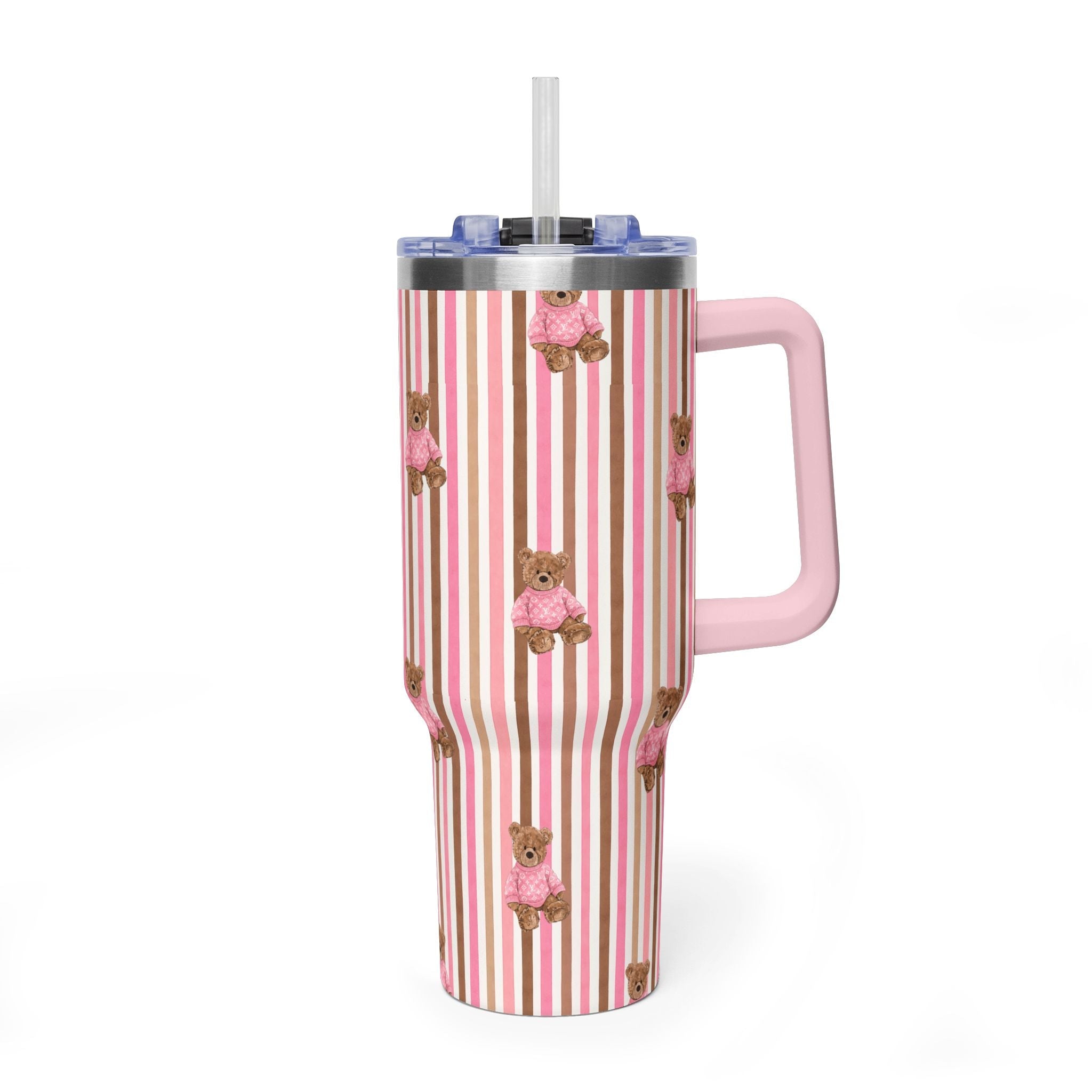 40 oz pink & brown striped tumbler with bear appliqués, lid and straw