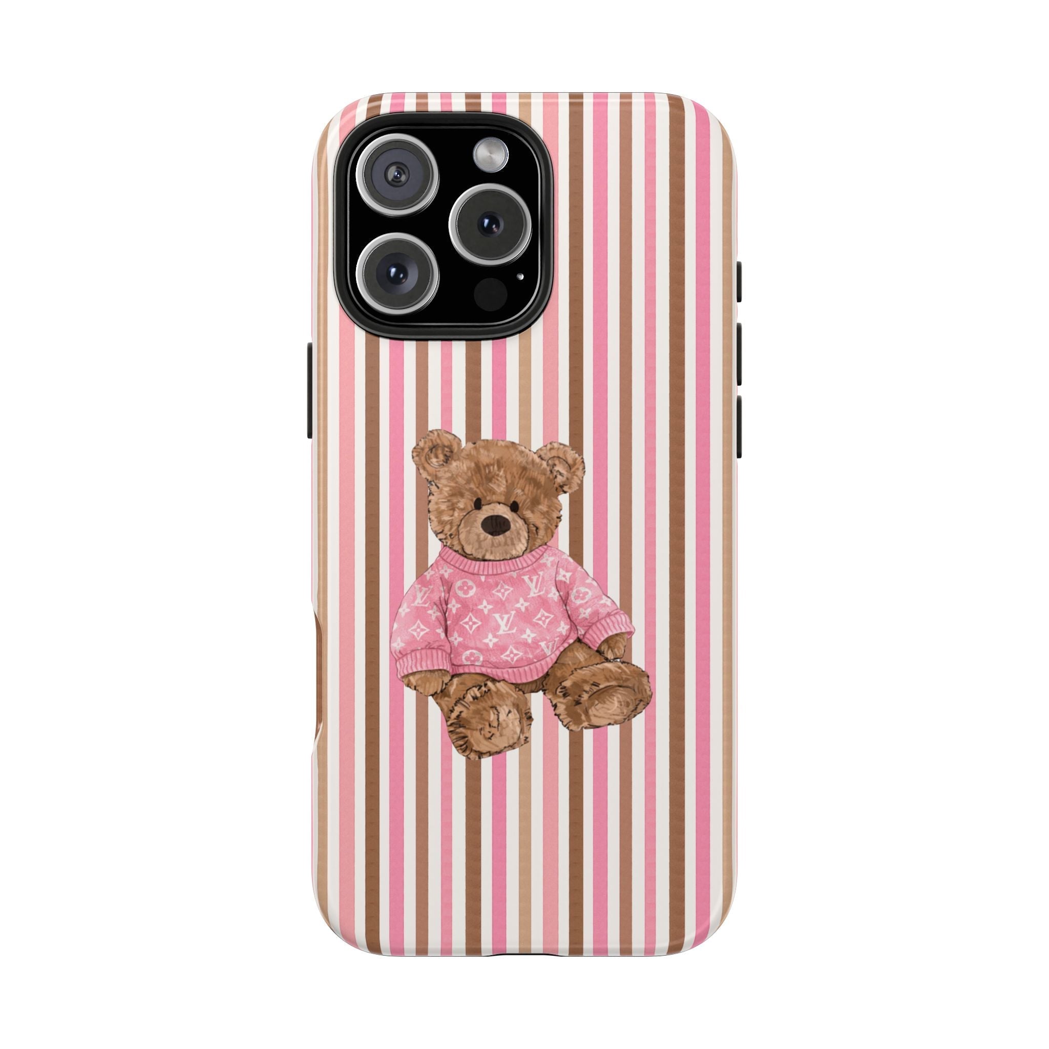 Pink brown vertical striped phone case with teddy bear wearing pink logo shirt