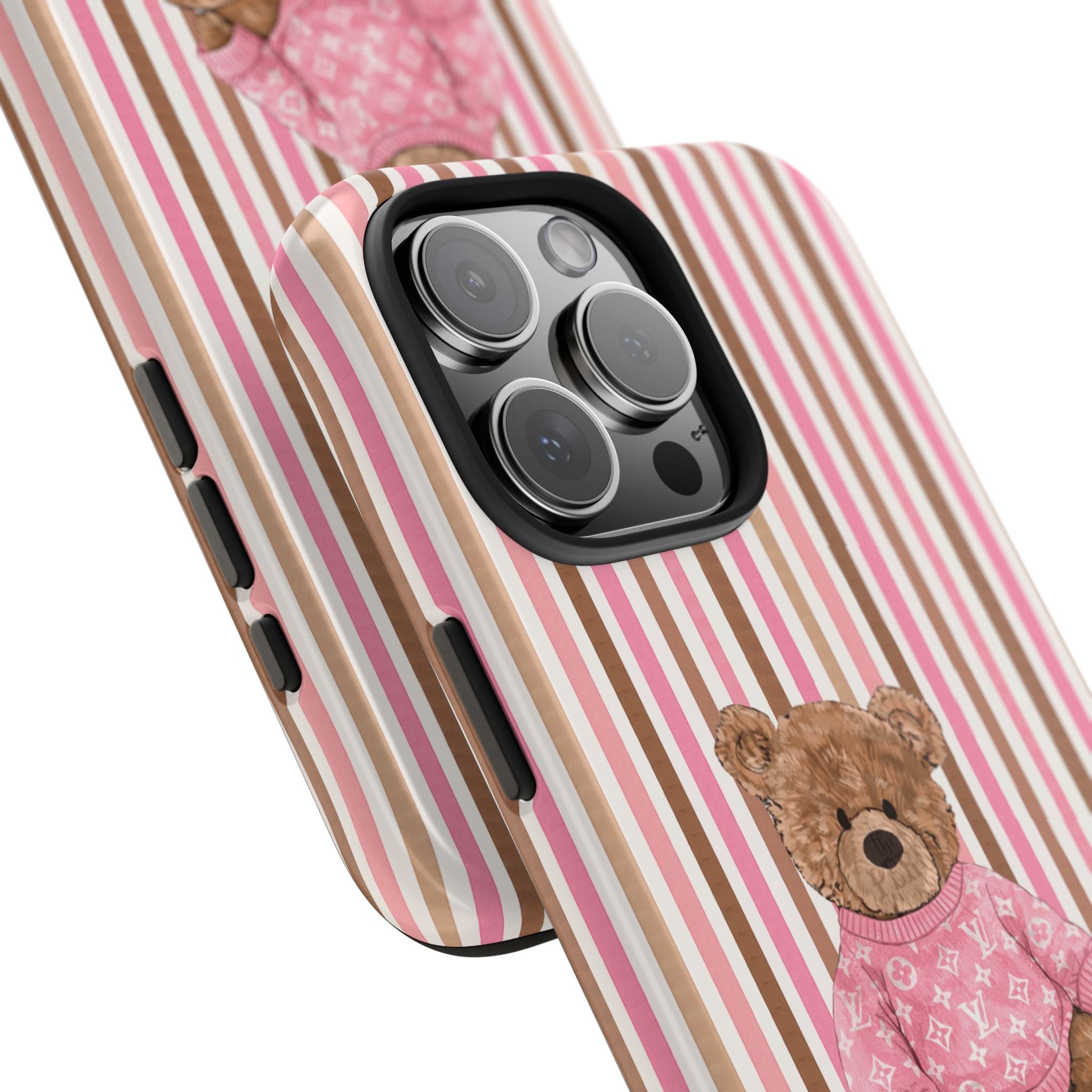 Side view pink striped phone case with teddy bear print and camera lens cutout