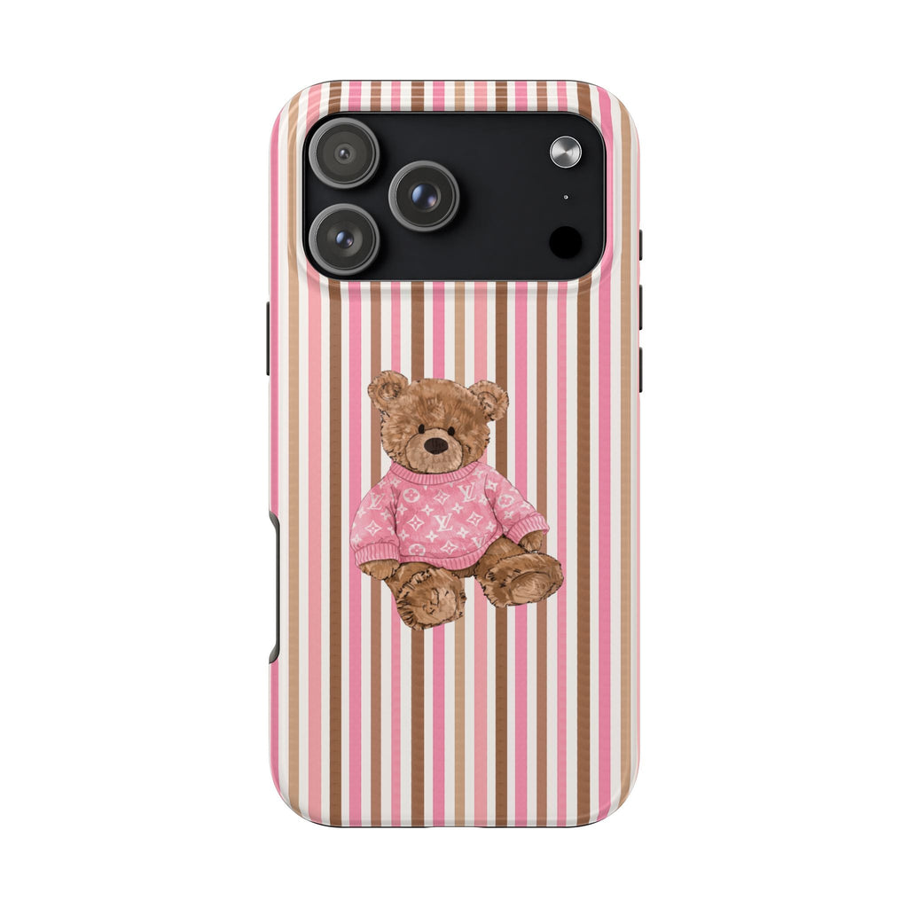 Pink brown striped phone case with teddy bear in pink shirt, camera and flash cutouts