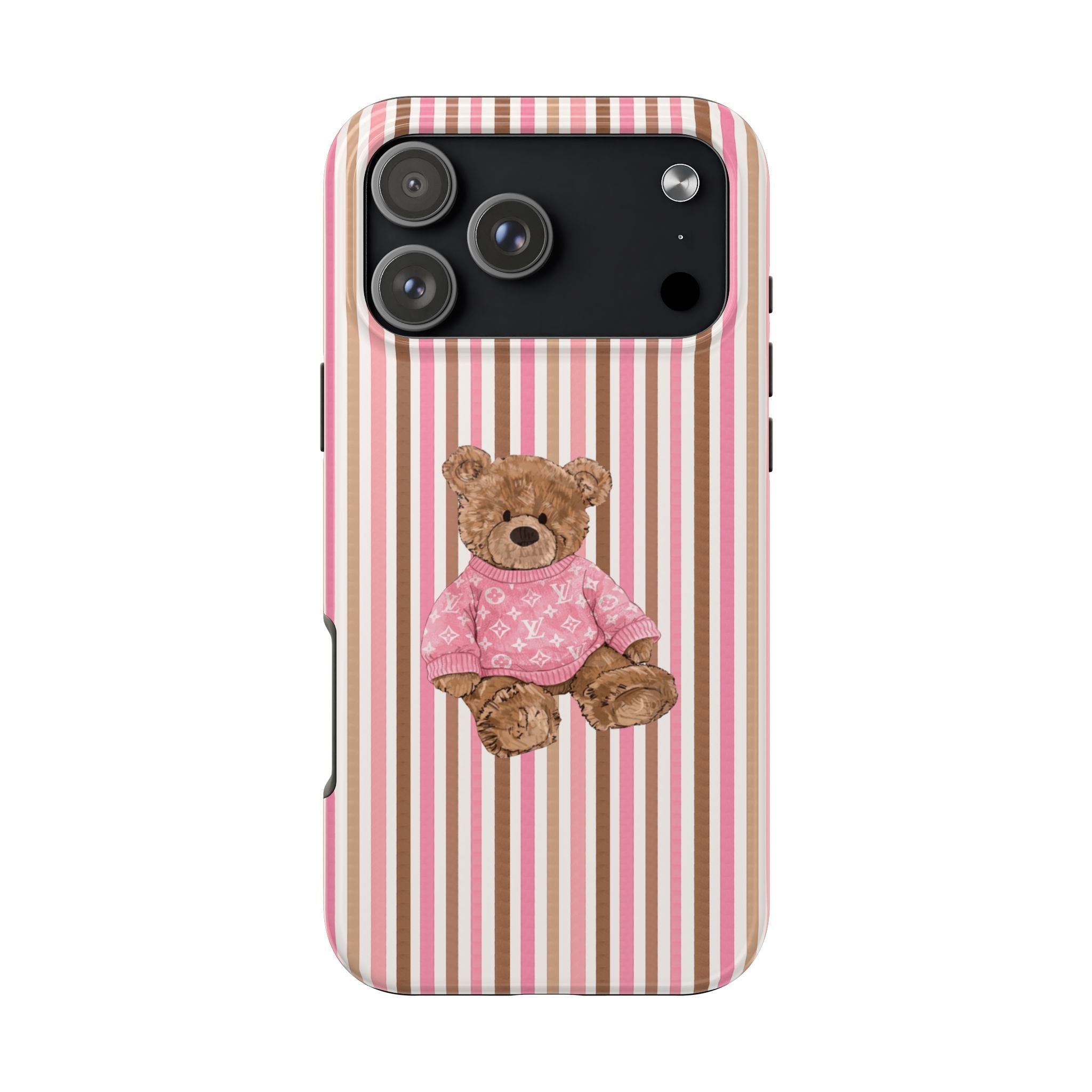 Pink brown striped phone case with teddy bear in pink shirt, camera and flash cutouts