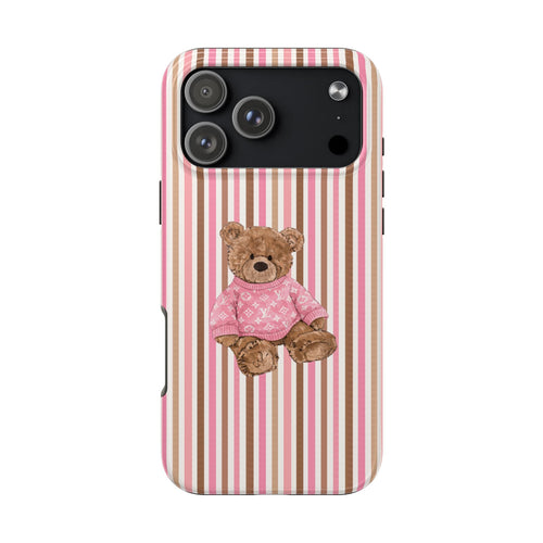 Pink brown striped phone case with teddy bear in pink shirt, camera and flash cutouts