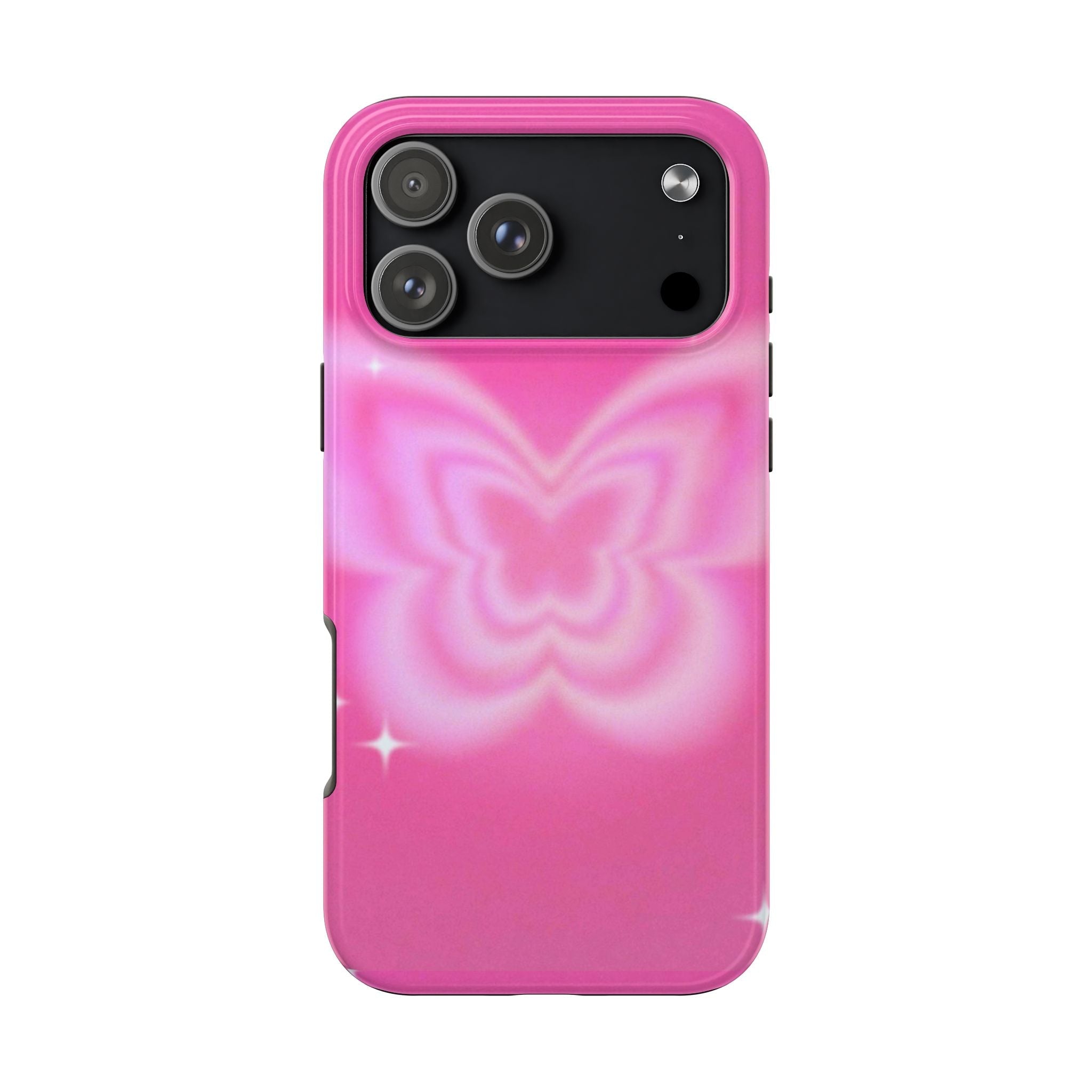 Pink aura phone case with butterfly glow pattern and star specks; black camera panel