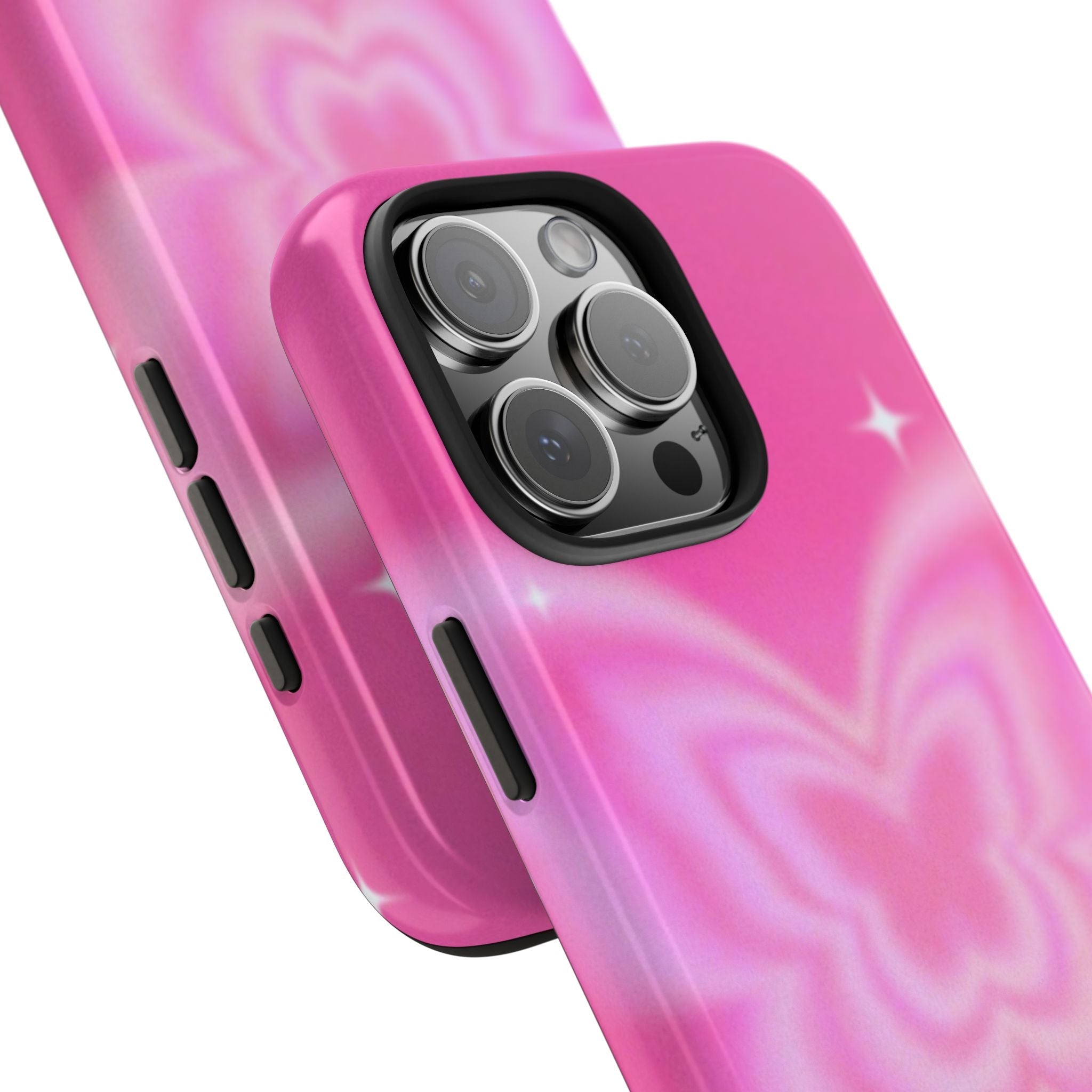 Pink aura butterfly phone case close-up showing side buttons and camera cutout