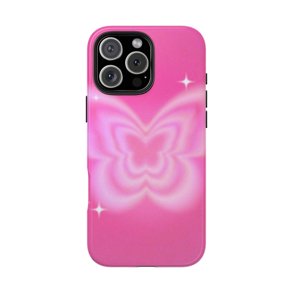 Pink aura phone case with glowing butterfly design and star accents, black camera cutout