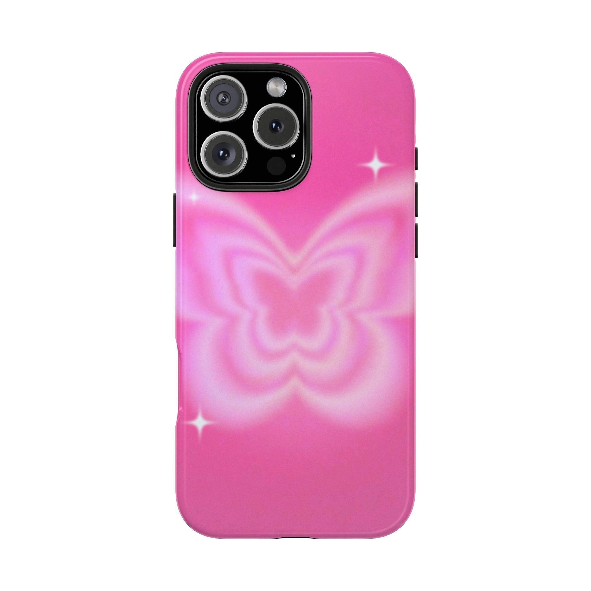 Pink aura phone case with glowing butterfly design and star accents, black camera cutout