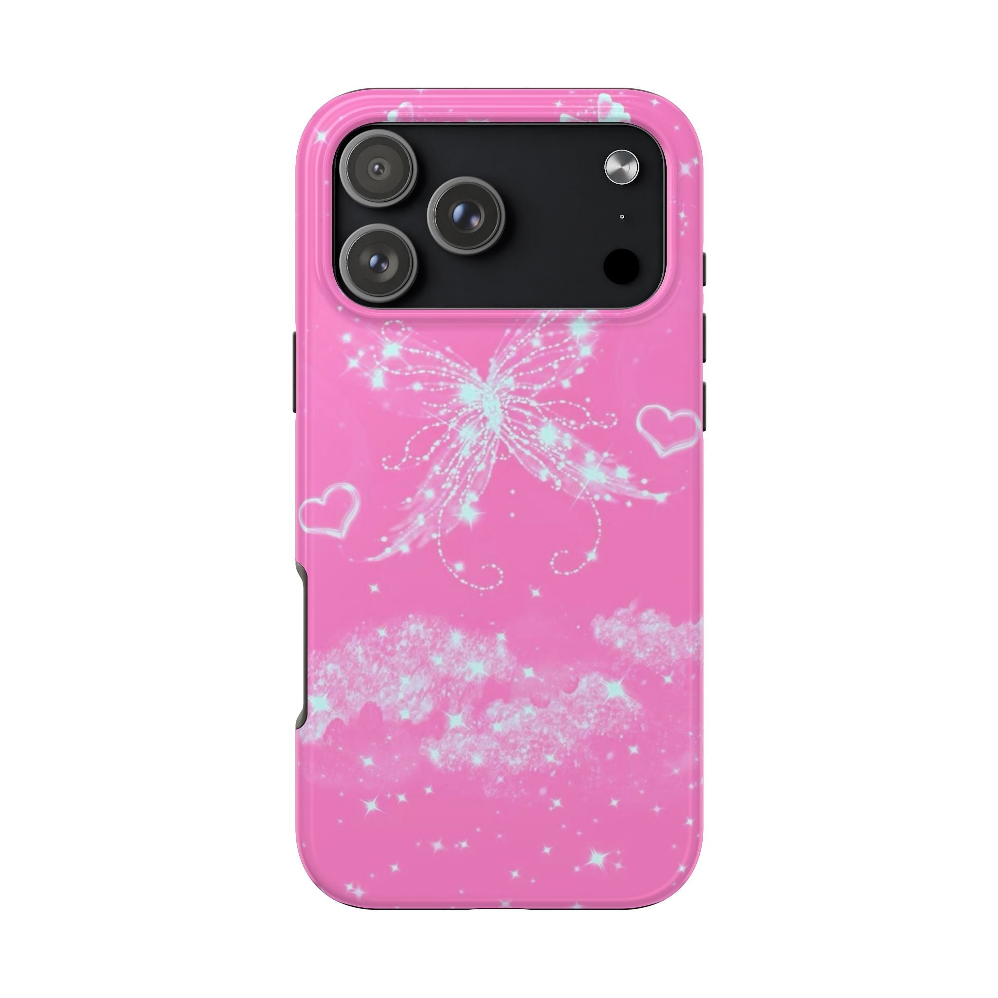 Pink phone case front view with butterfly sparkle artwork and heart accents