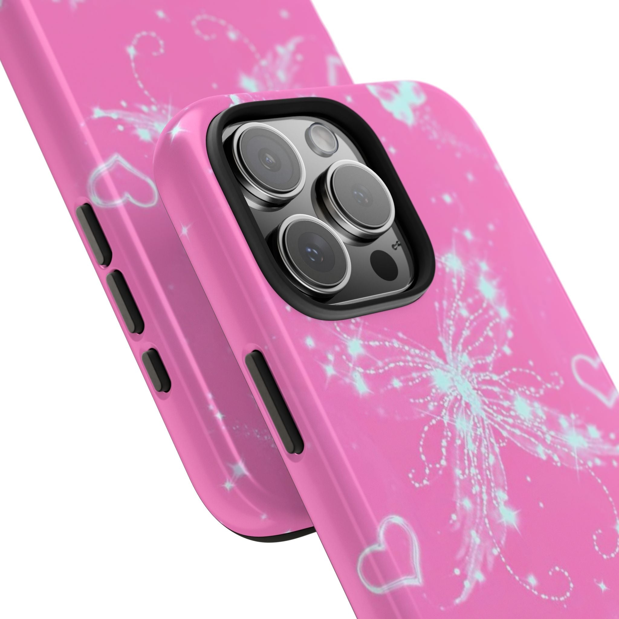 Pink phone case close-up of camera cutout, butterfly sparkle design, and heart accents