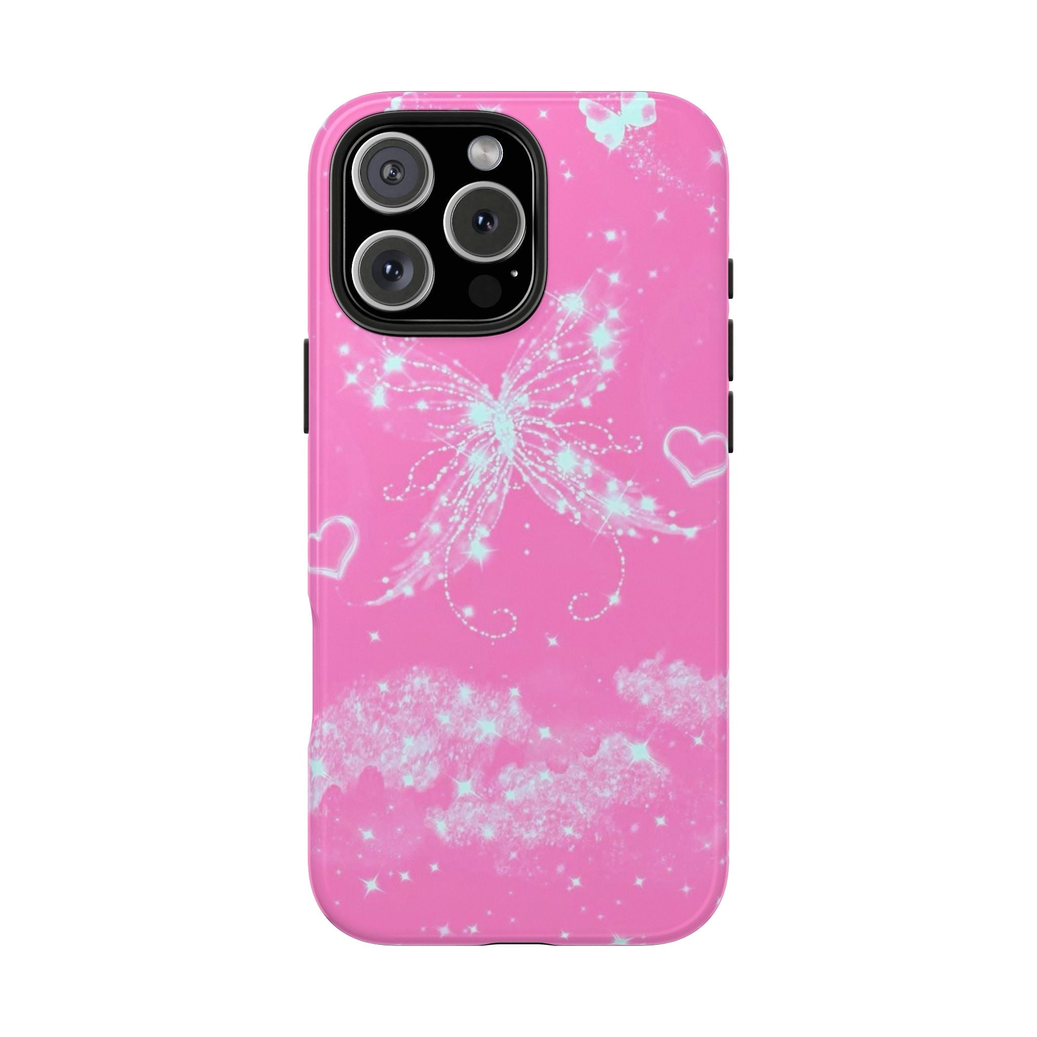 Pink phone case with white butterfly burst, sparkles, and small heart icons