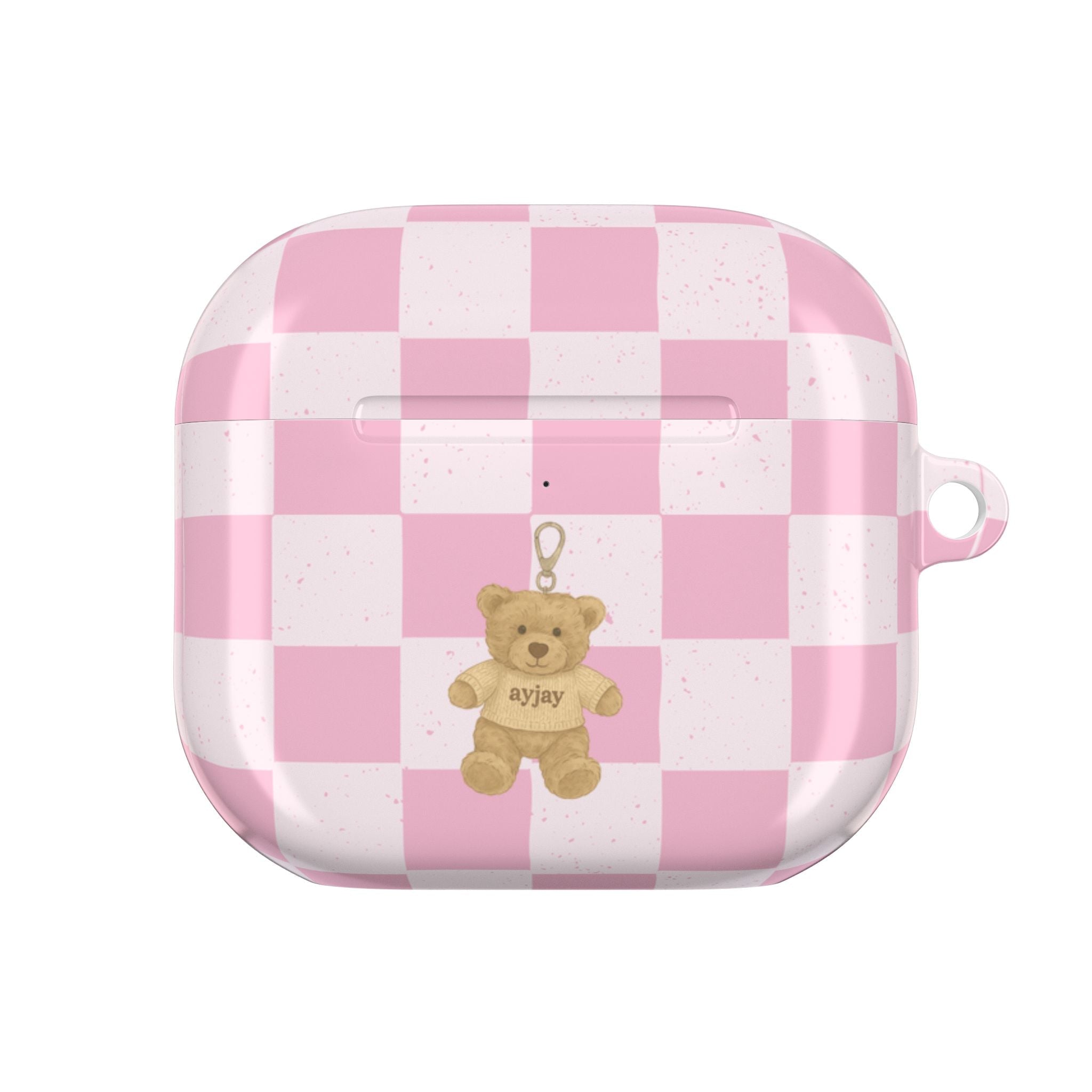 Pink checker AirPods case with teddy bear graphic on the front