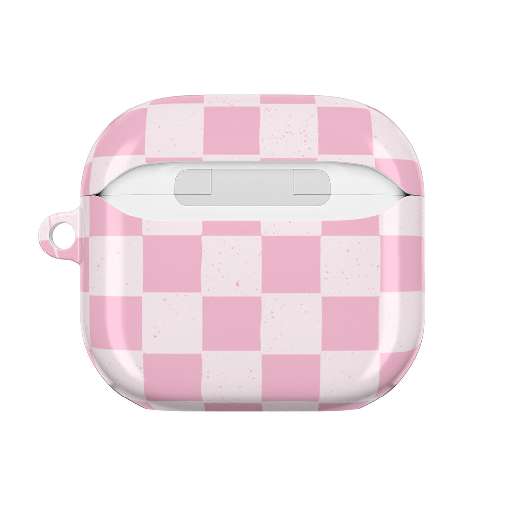 Pink checker AirPods case with teddy bear graphic and charging cutout