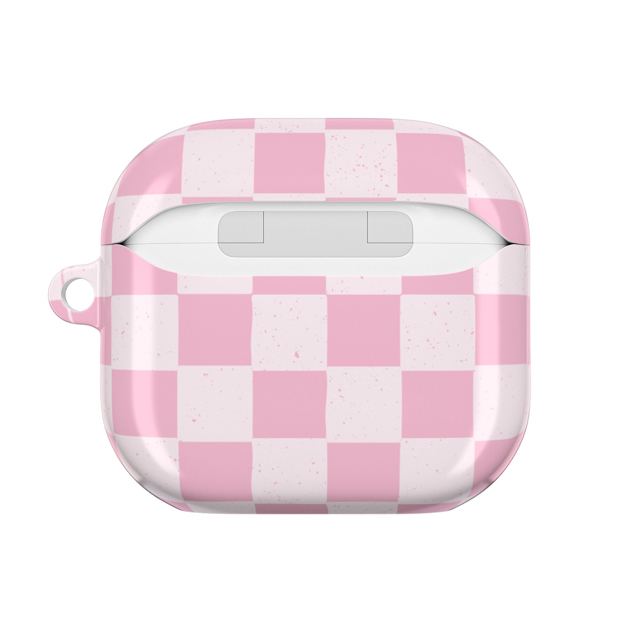 Pink checker AirPods case with teddy bear graphic and charging cutout