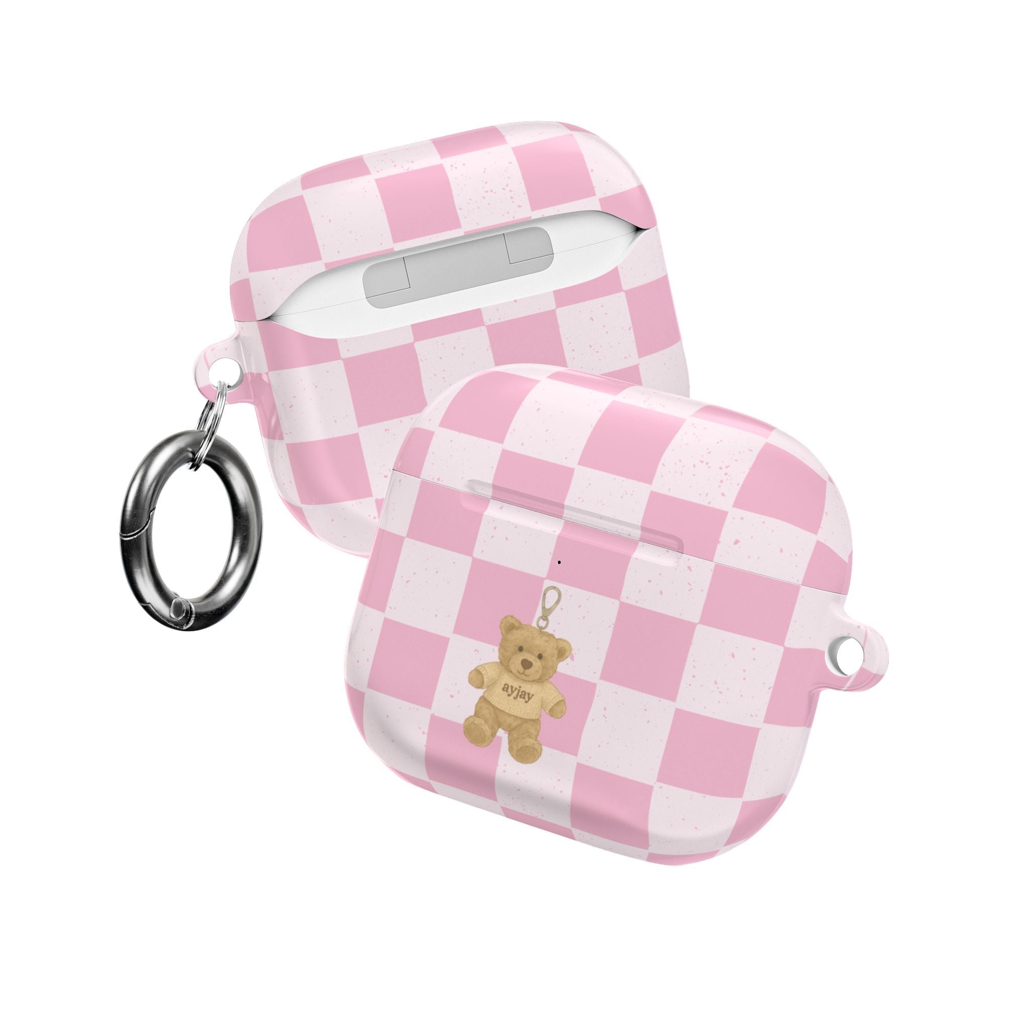 Pink checker AirPods case with teddy bear charm and metal key ring