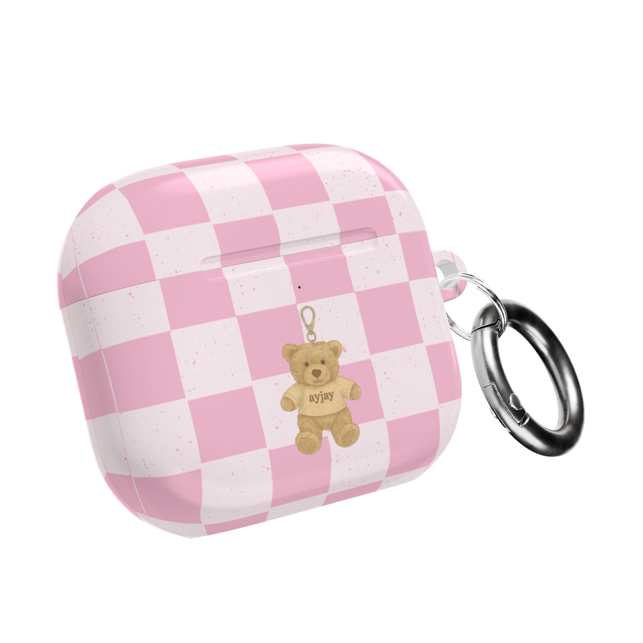 Pink checker teddy bear AirPods case, closed with metal key ring