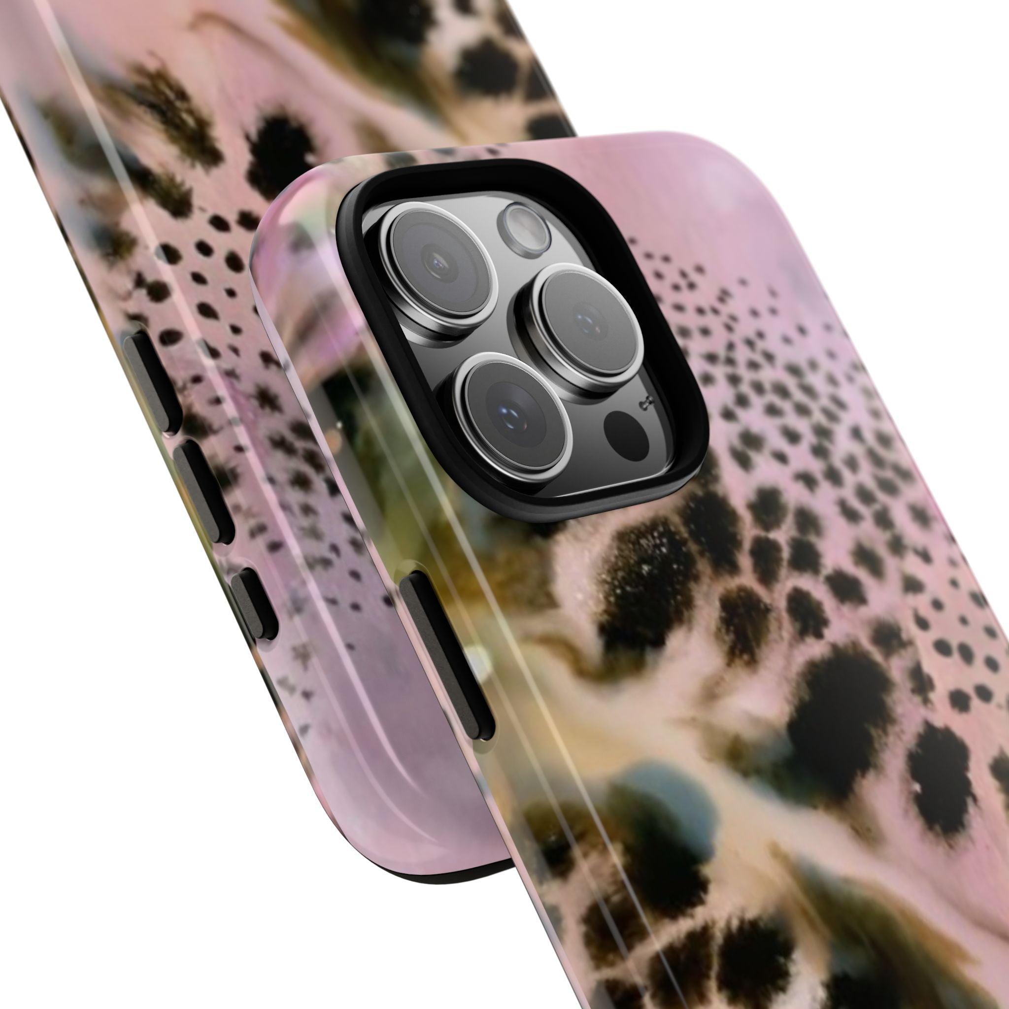 Pink cheetah print phone case, angled view showing side cutouts and camera lenses