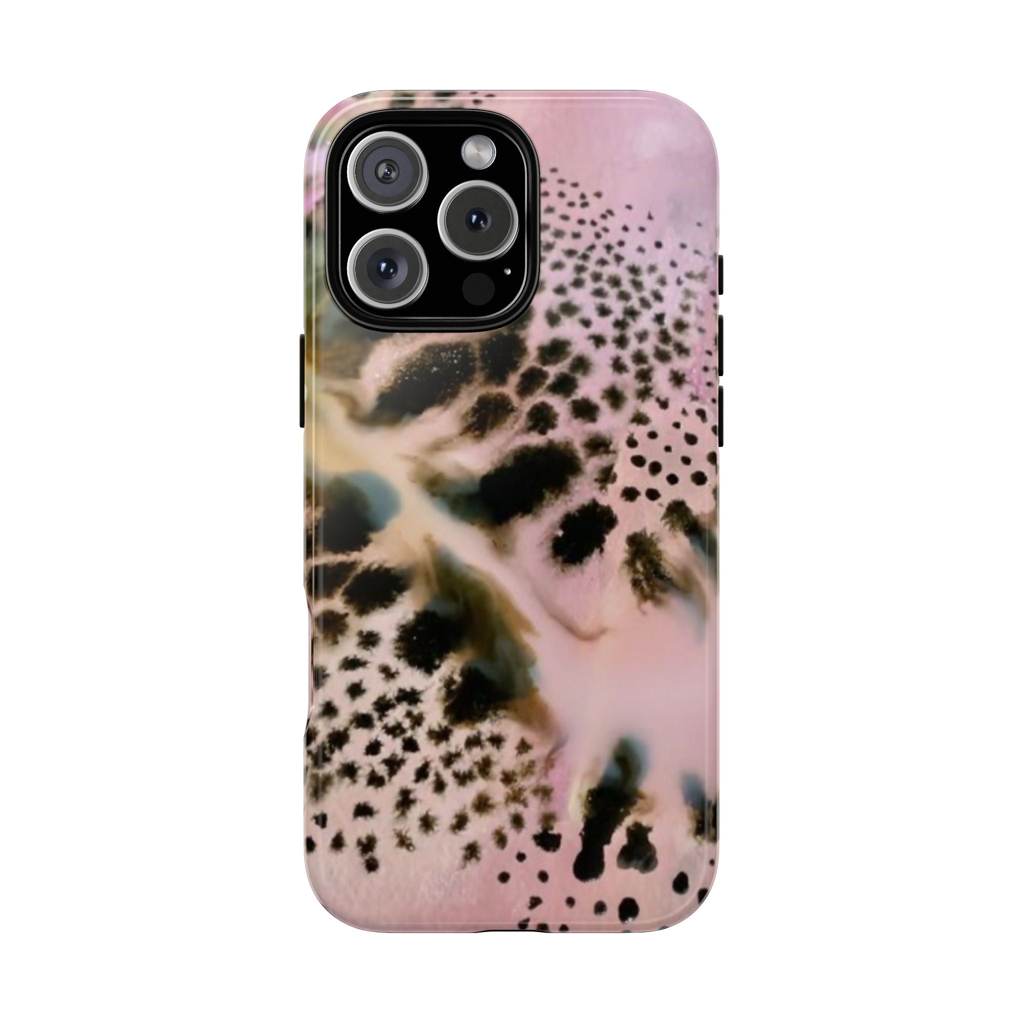 Pink cheetah print phone case, camera cutout and flash opening