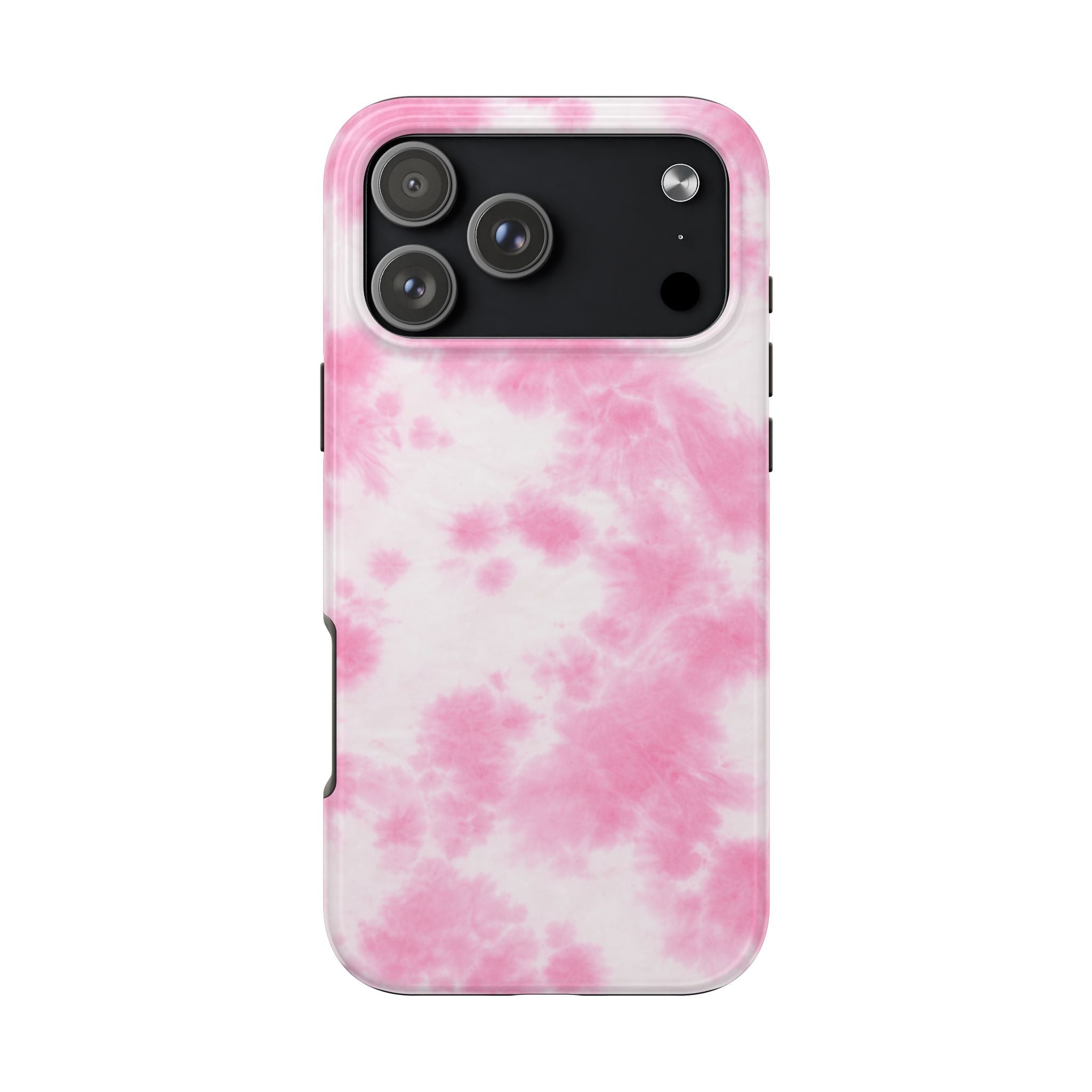 Pink cloud tie-dye phone case with raised camera cover, pink and white swirls