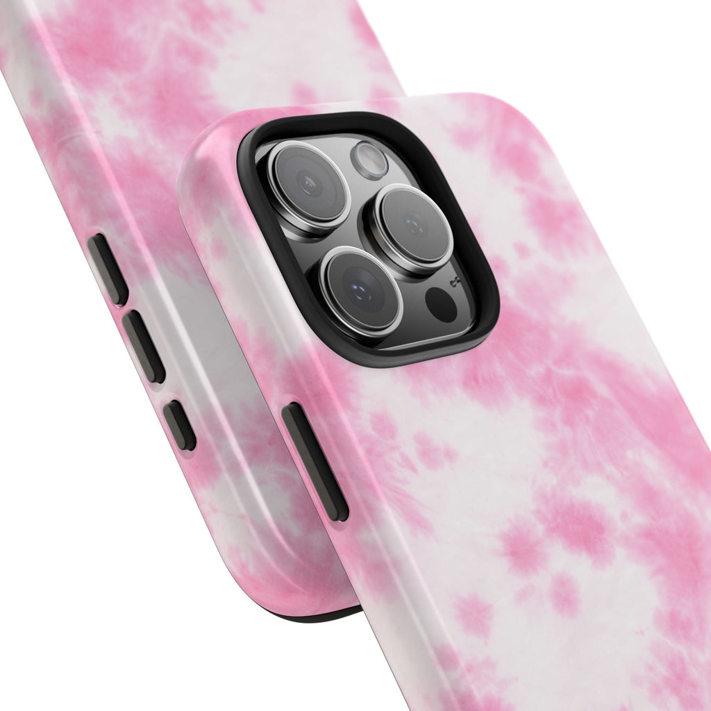 Pink cloud tie-dye phone case close-up showing dual camera cutout and side grips