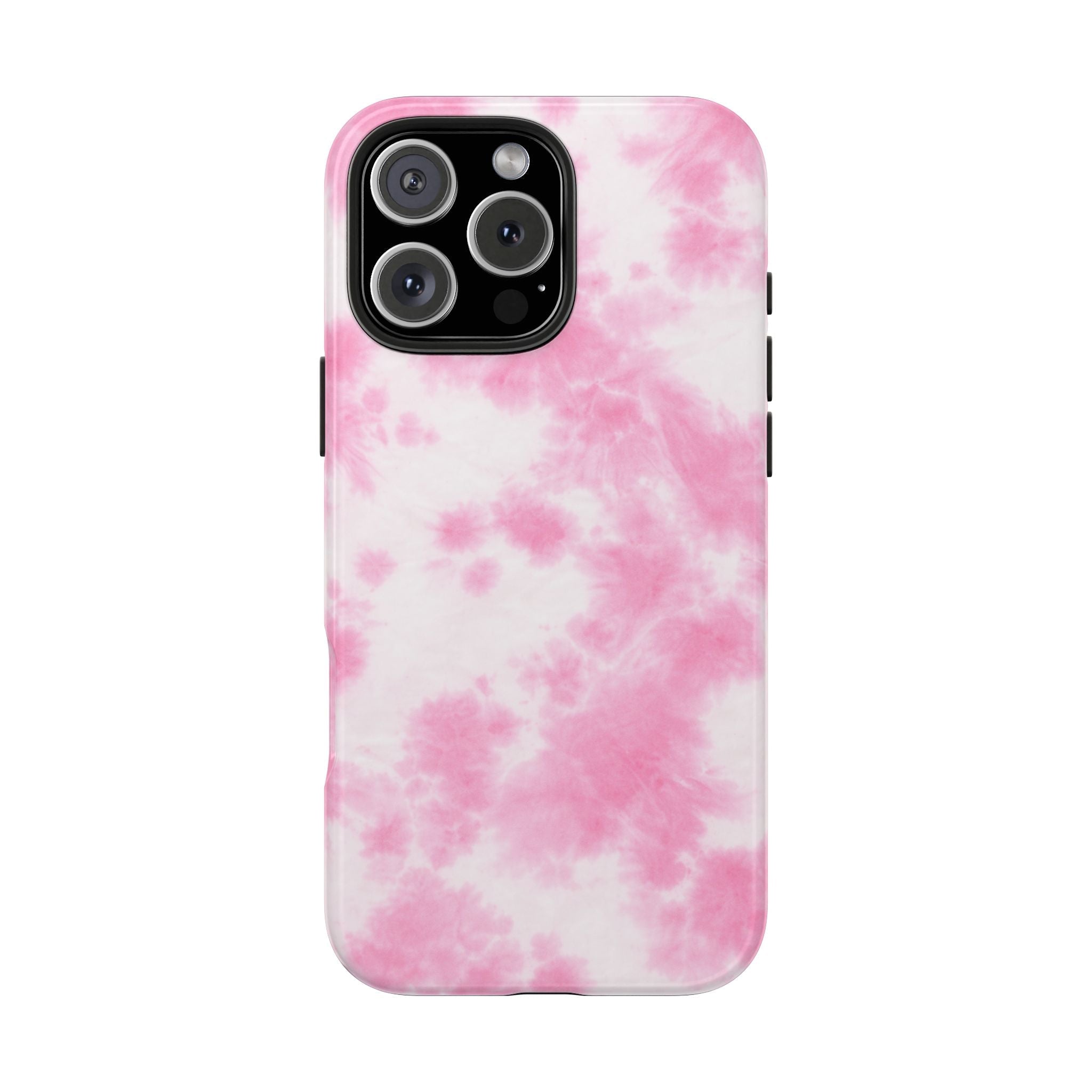 Pink cloud tie-dye phone case with side button cutouts and camera opening