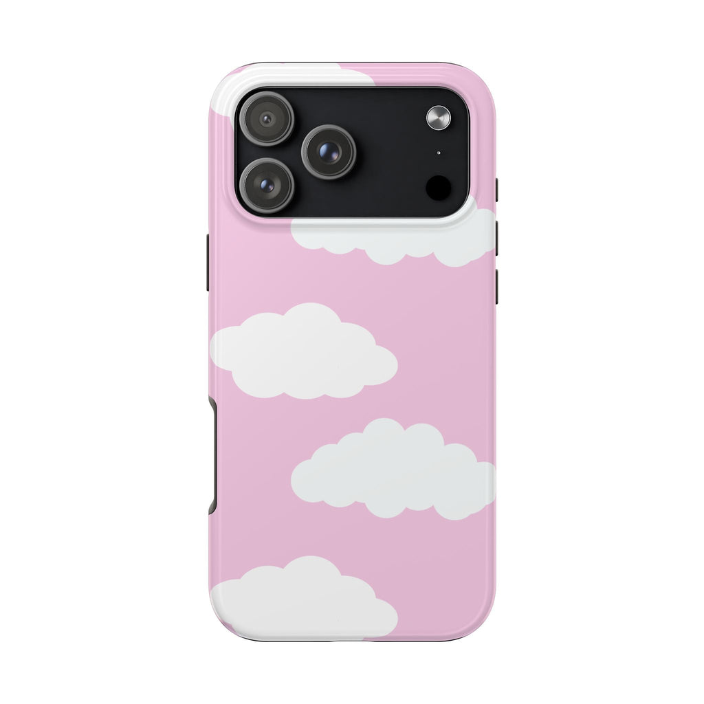 Pink phone case with white cloud pattern and camera cutouts