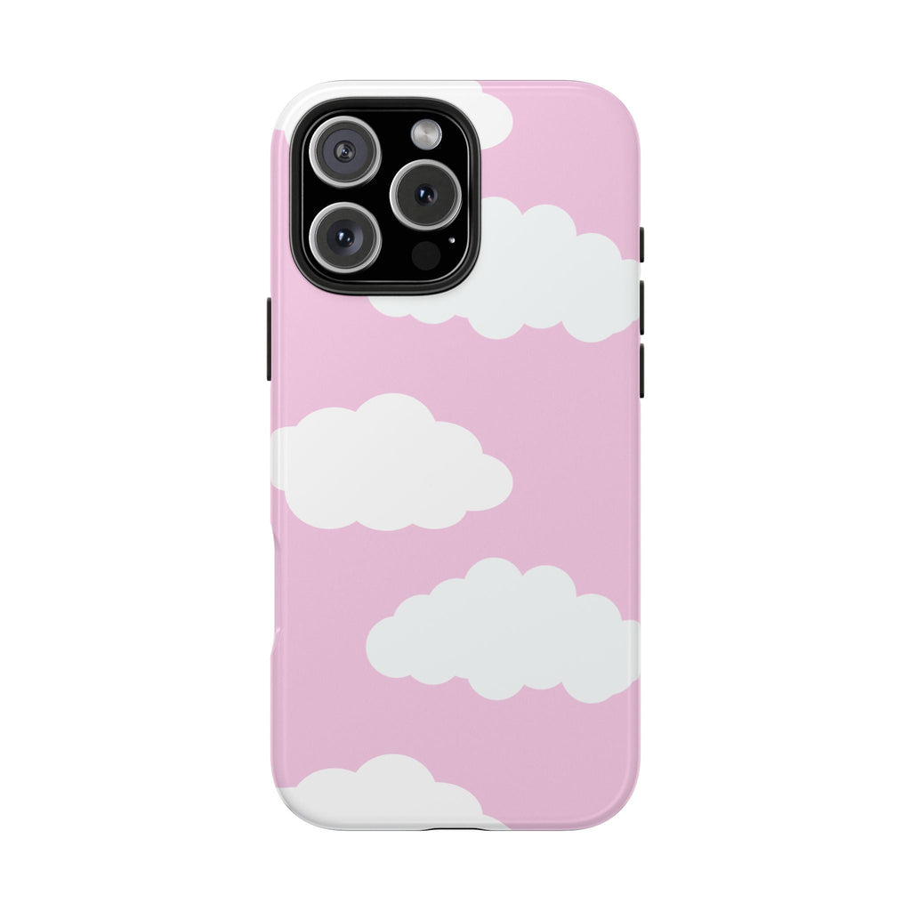Pink mobile case featuring scattered white clouds on the back
