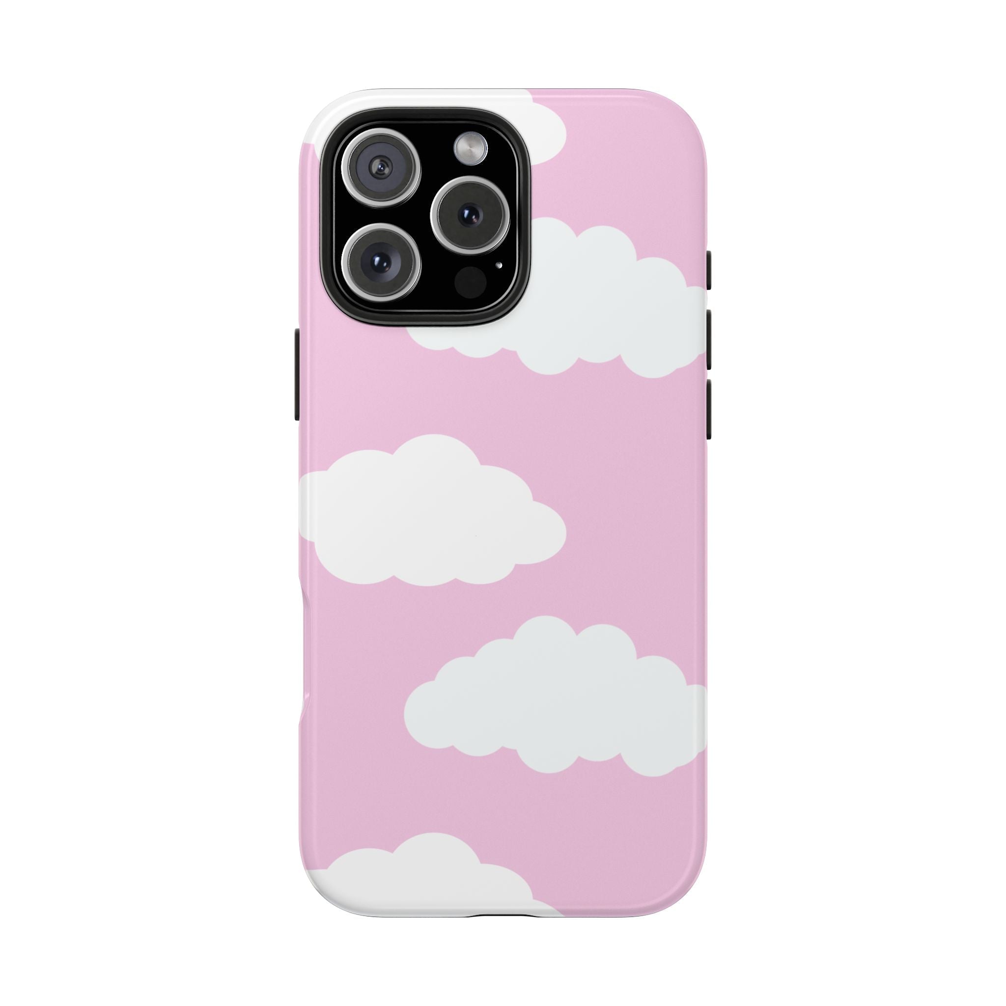 Pink mobile case featuring scattered white clouds on the back