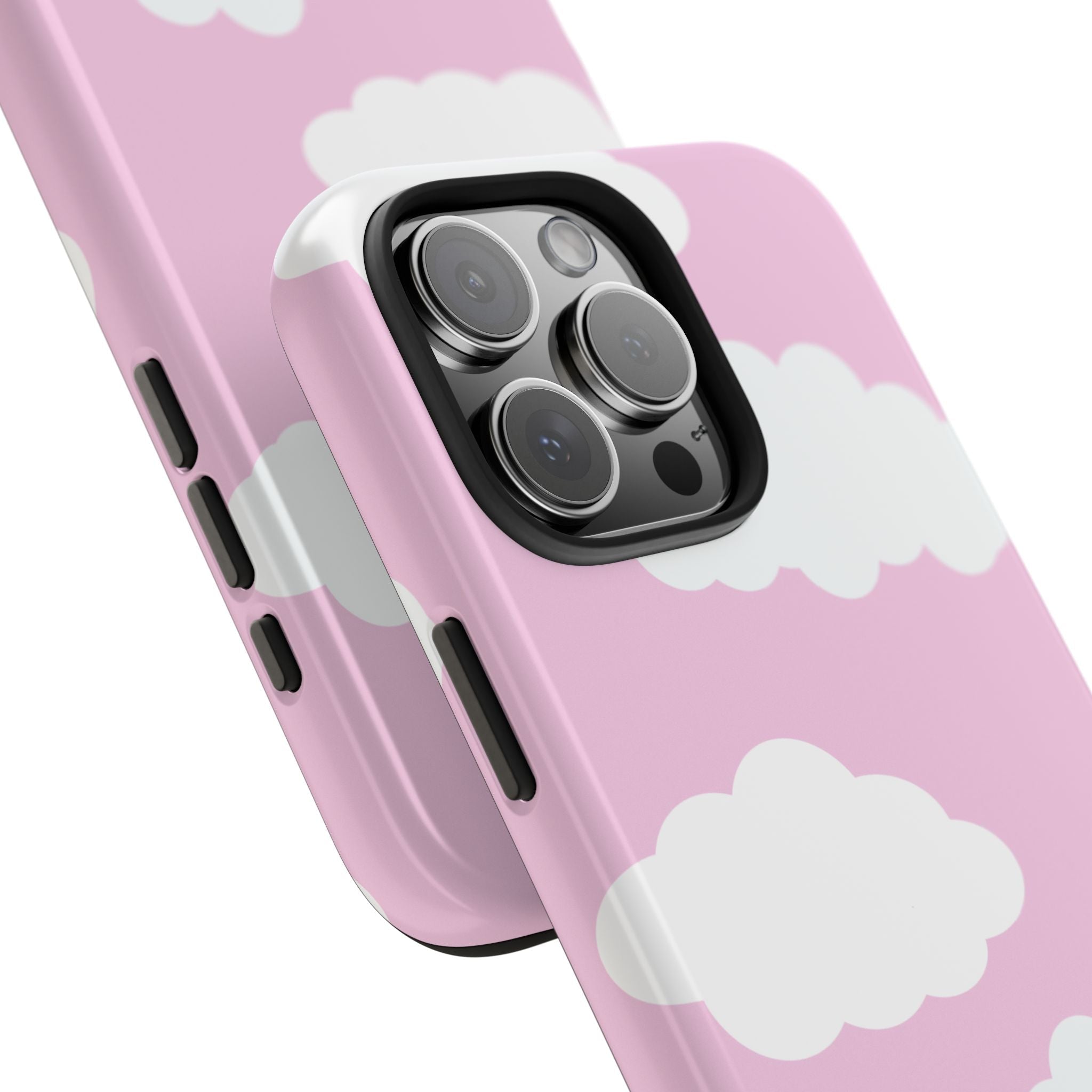 Side view of pink phone case with white clouds and camera lens openings