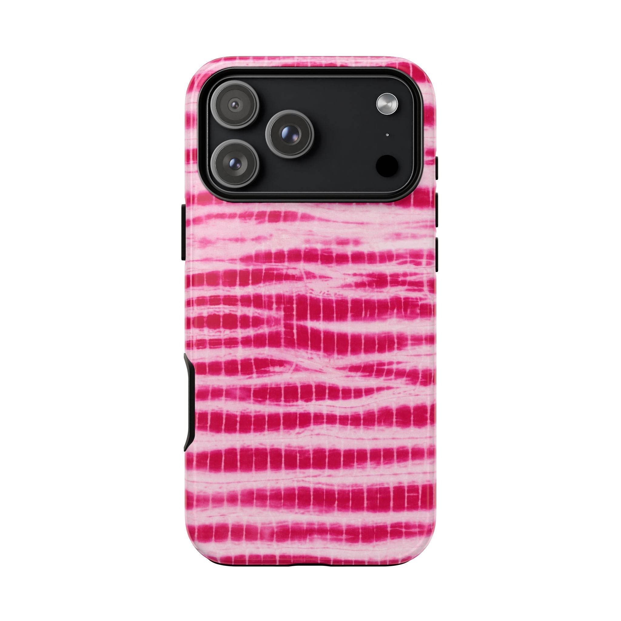 Pink coastal wash phone case for cameras with pink-and-white ripple stripe pattern