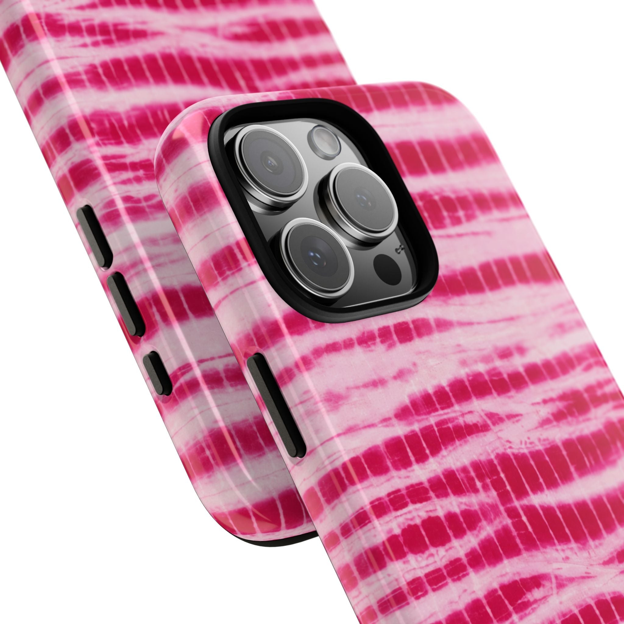 Pink coastal wash phone case side view with pink-and-white textured stripe design