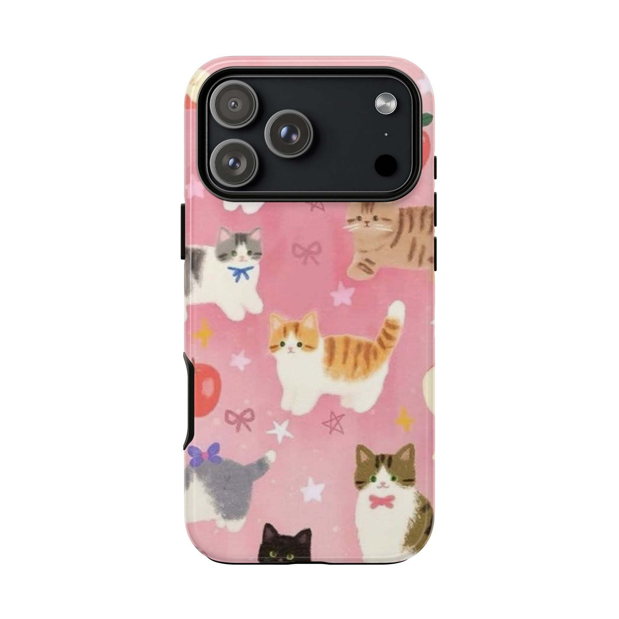 Pink coquette cats phone case, playful cat faces with bows and stars; camera lens cutout