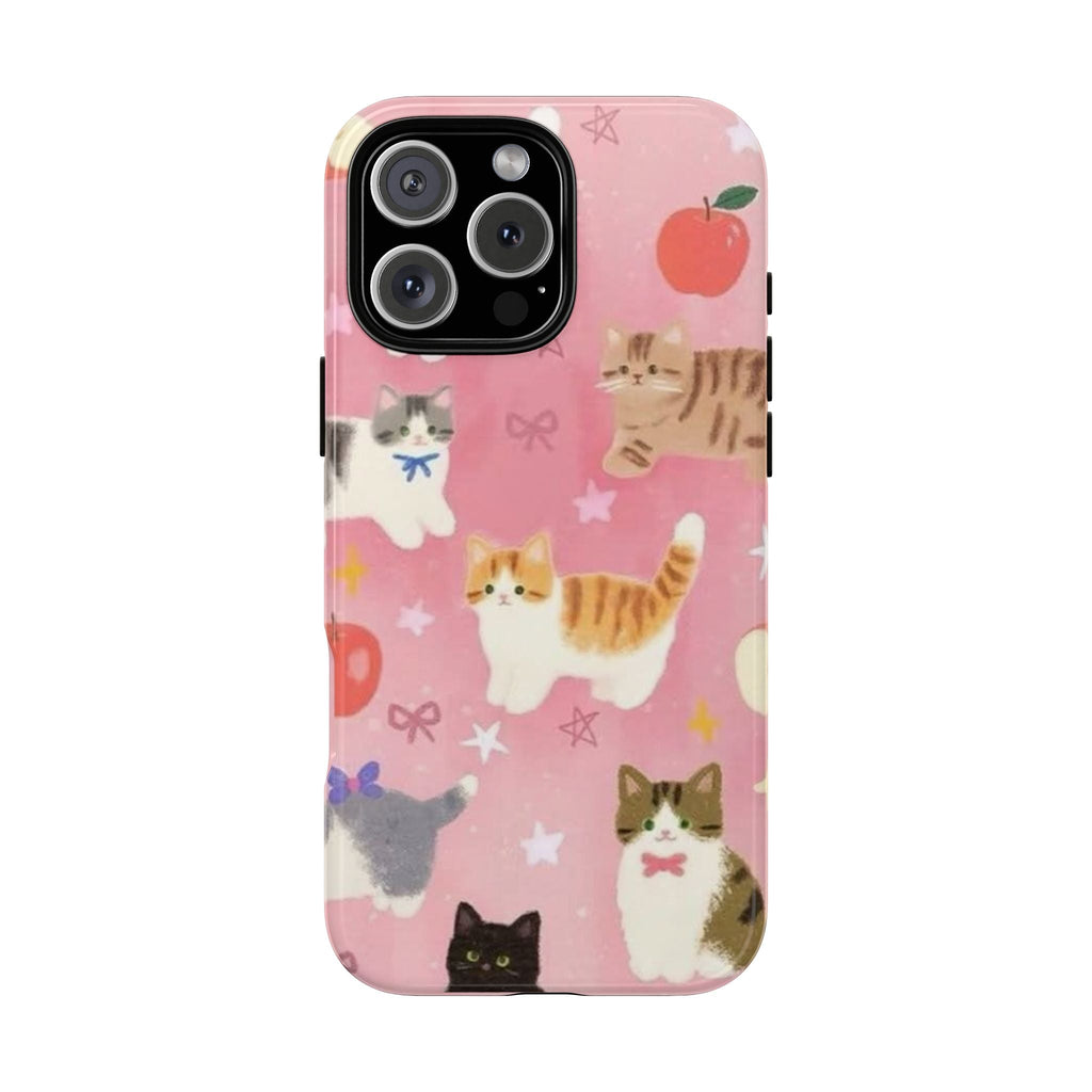 Pink cat phone case with bows, stars, and fruit; camera and flash cutouts