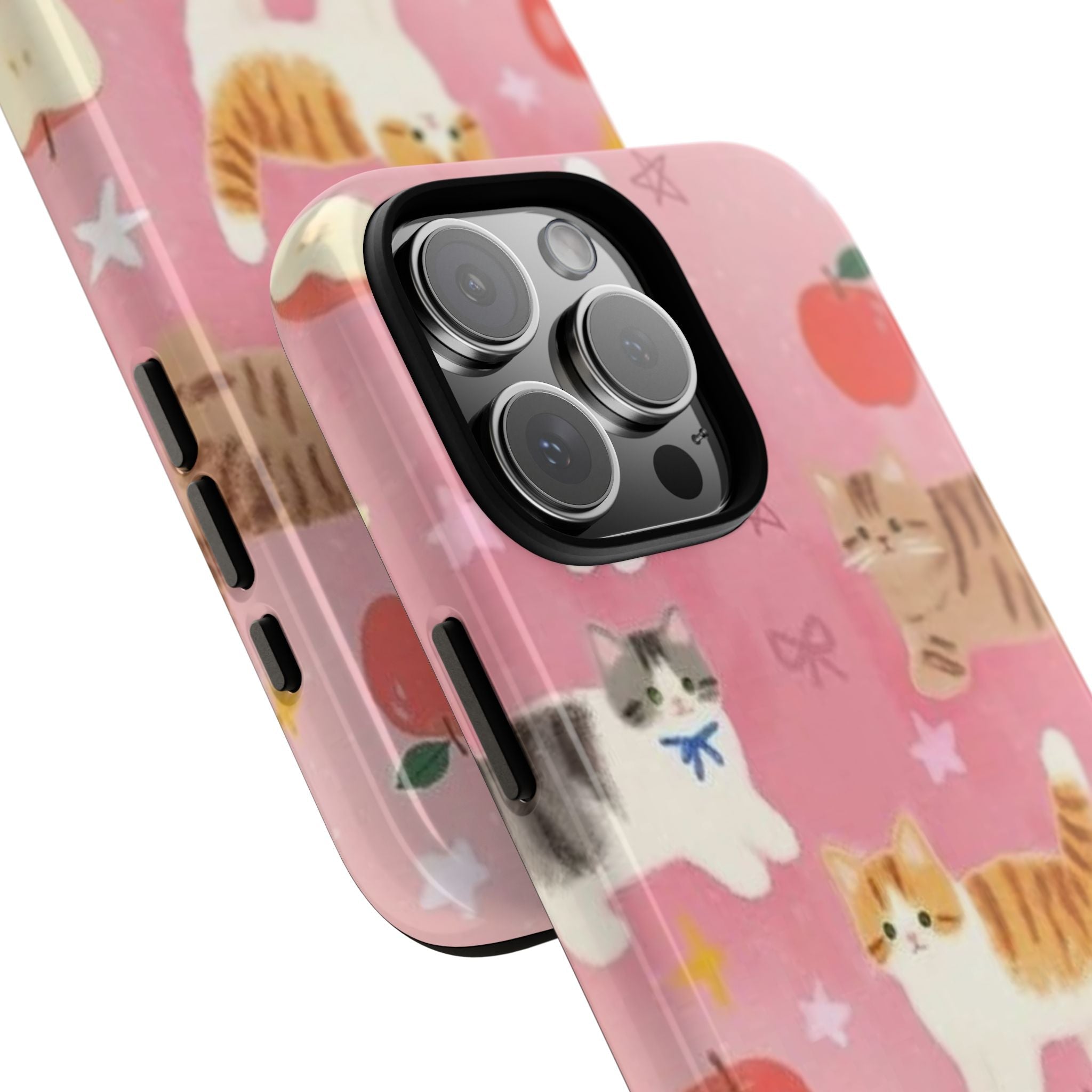 Pink cat phone case angled view with bow-and-star pattern; raised camera bump visible