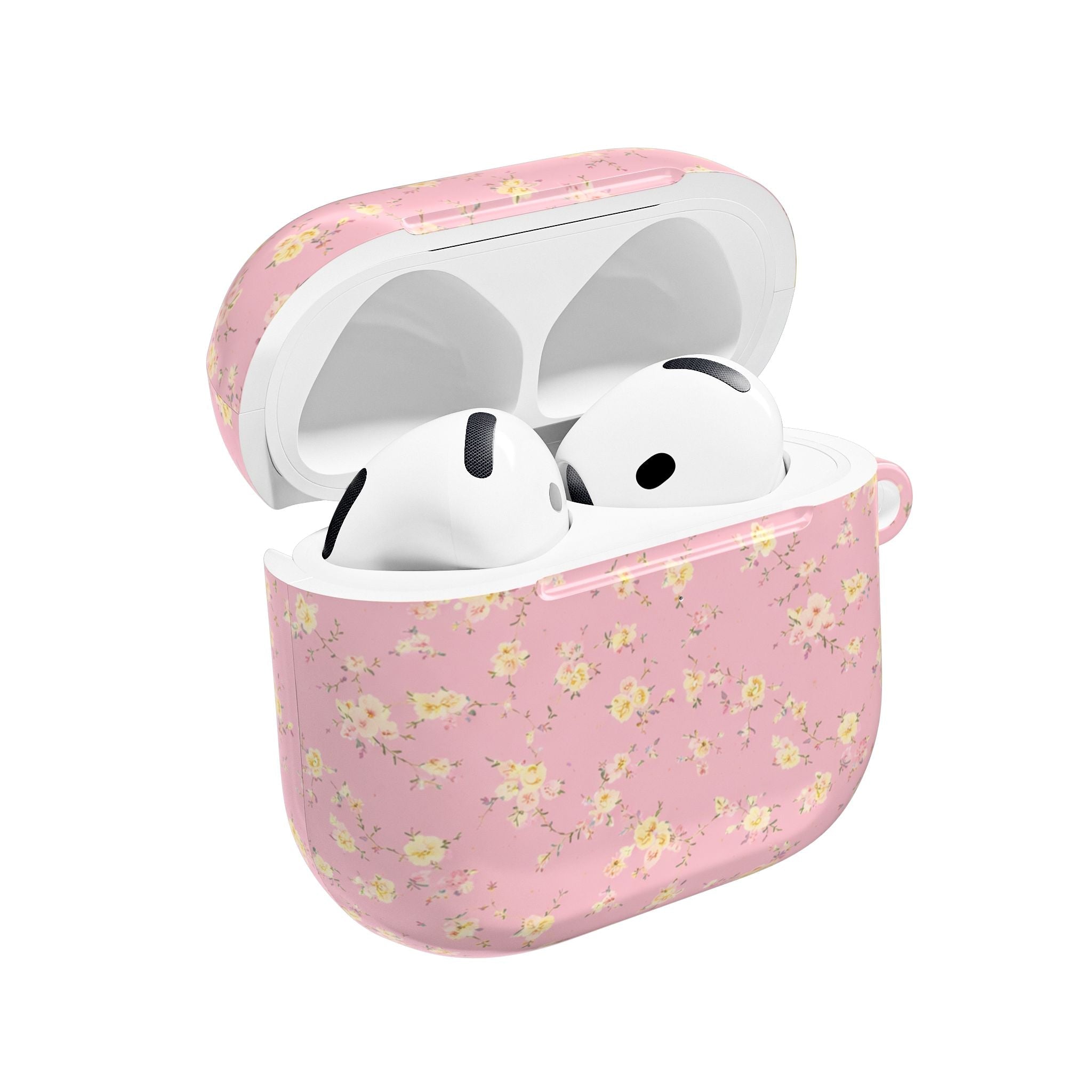 Pink AirPods case with yellow ditsy floral; open lid with white earbuds