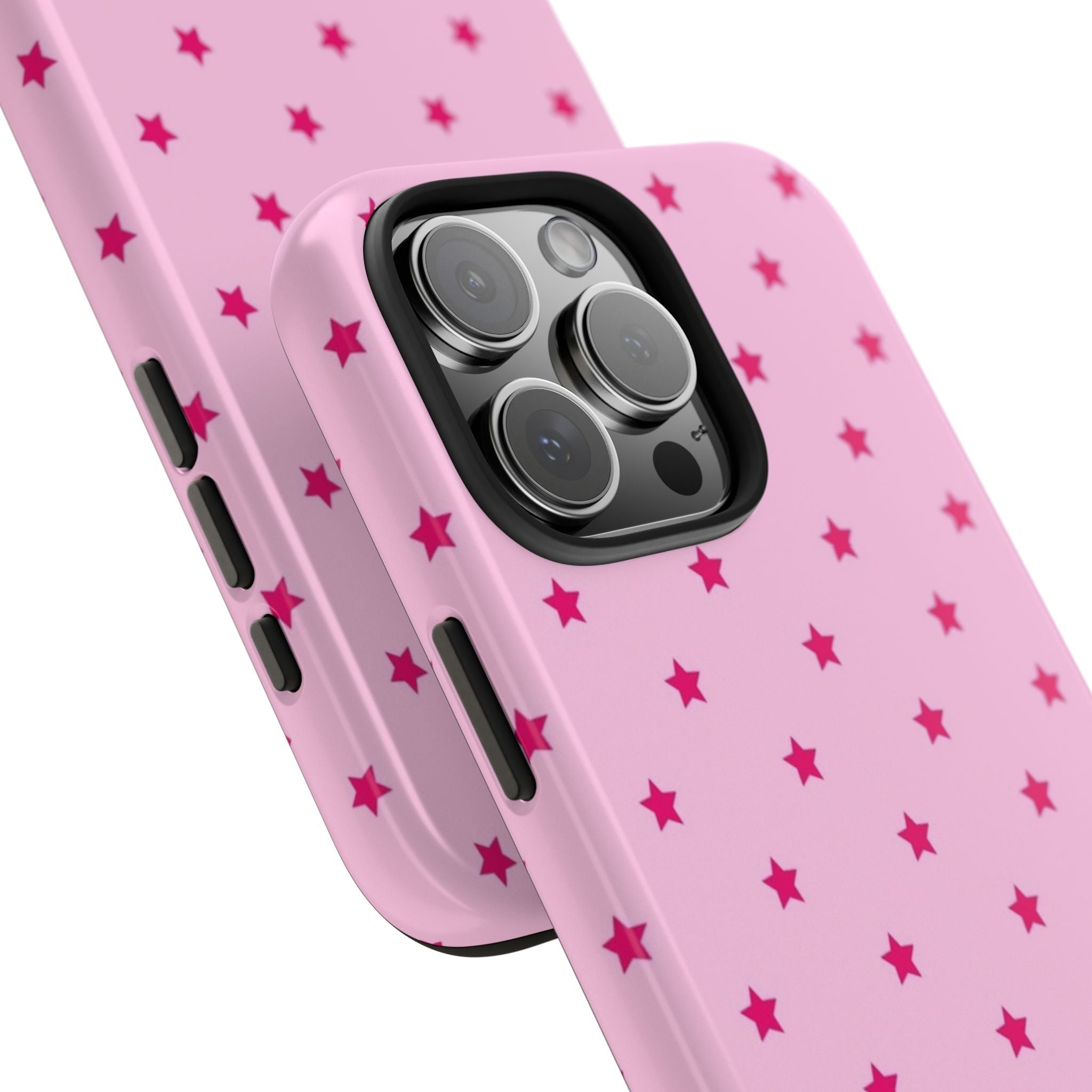 Close-up pink case with red stars and camera lens cutout