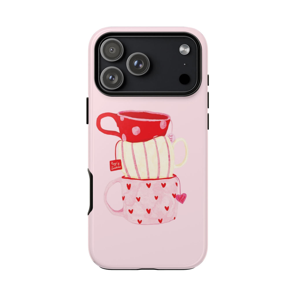 Pink phone case featuring three stacked teacups with hearts, full back view