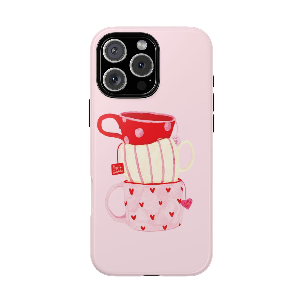 Pink phone case with red and white tea cup stack illustration, camera cutout