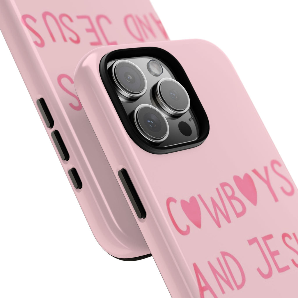 Angled light pink phone case with cowboy-heart design and camera lens cutouts.