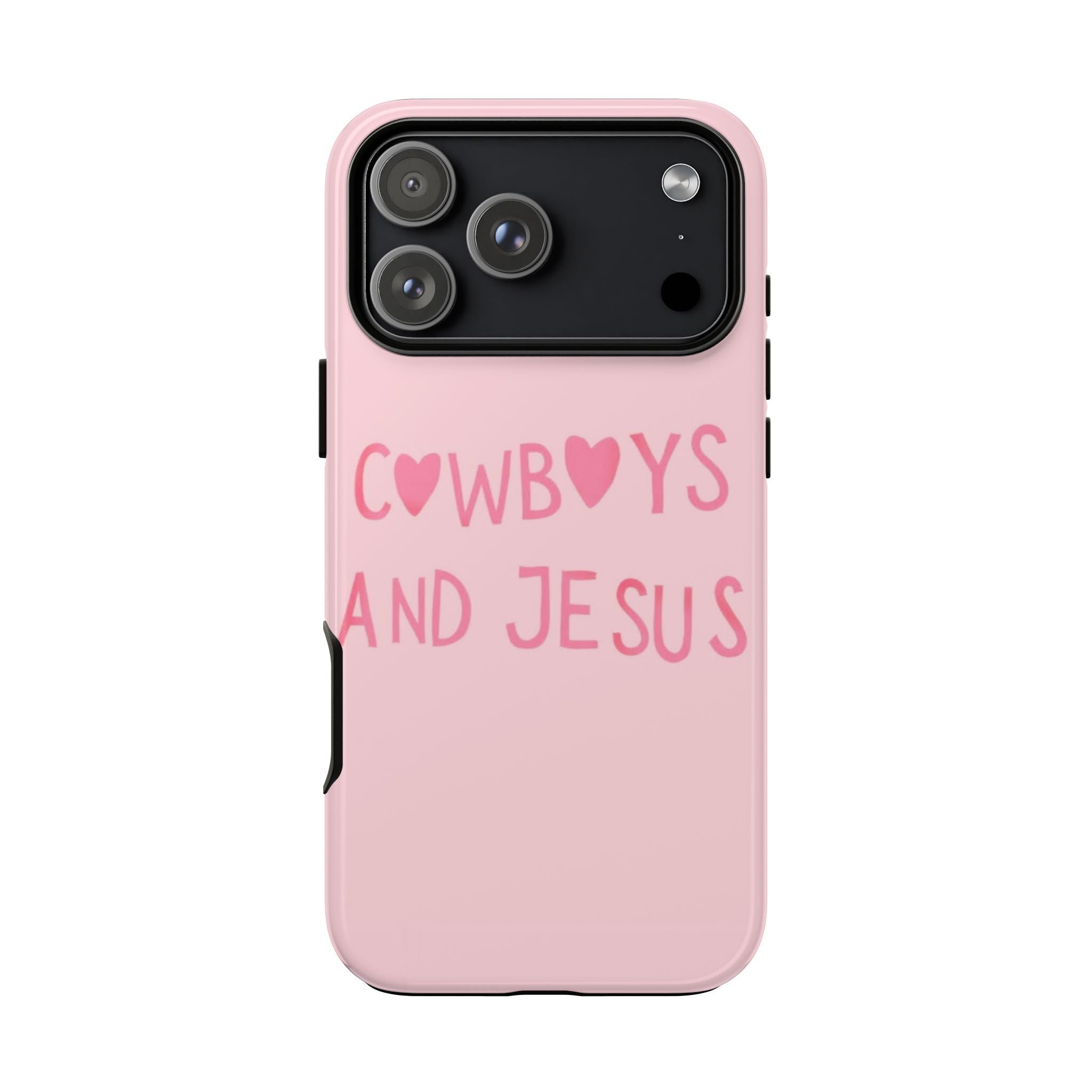 Light pink phone case with cowboy-heart graphic and “AND JESUS” text across camera.