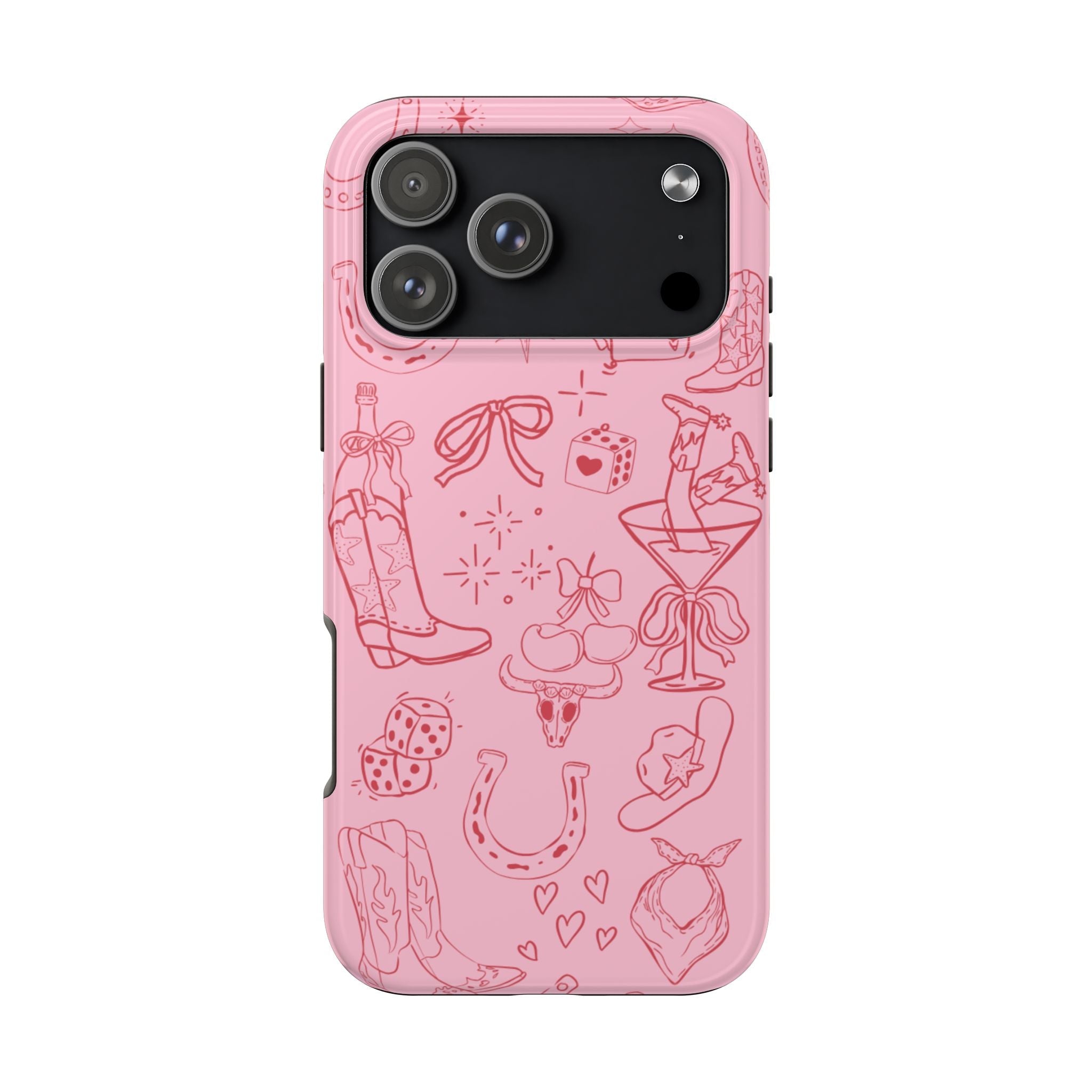 Pink cowboy-themed phone case with country line-art bows, boots, stars, and hearts