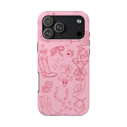 Pink cowboy-themed phone case with country line-art bows, boots, stars, and hearts