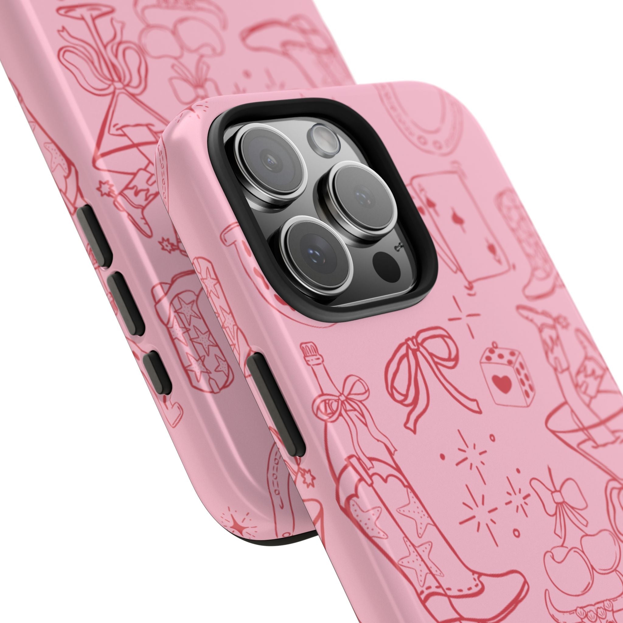 Pink phone case close-up with western pattern and camera cutout, black protective edges