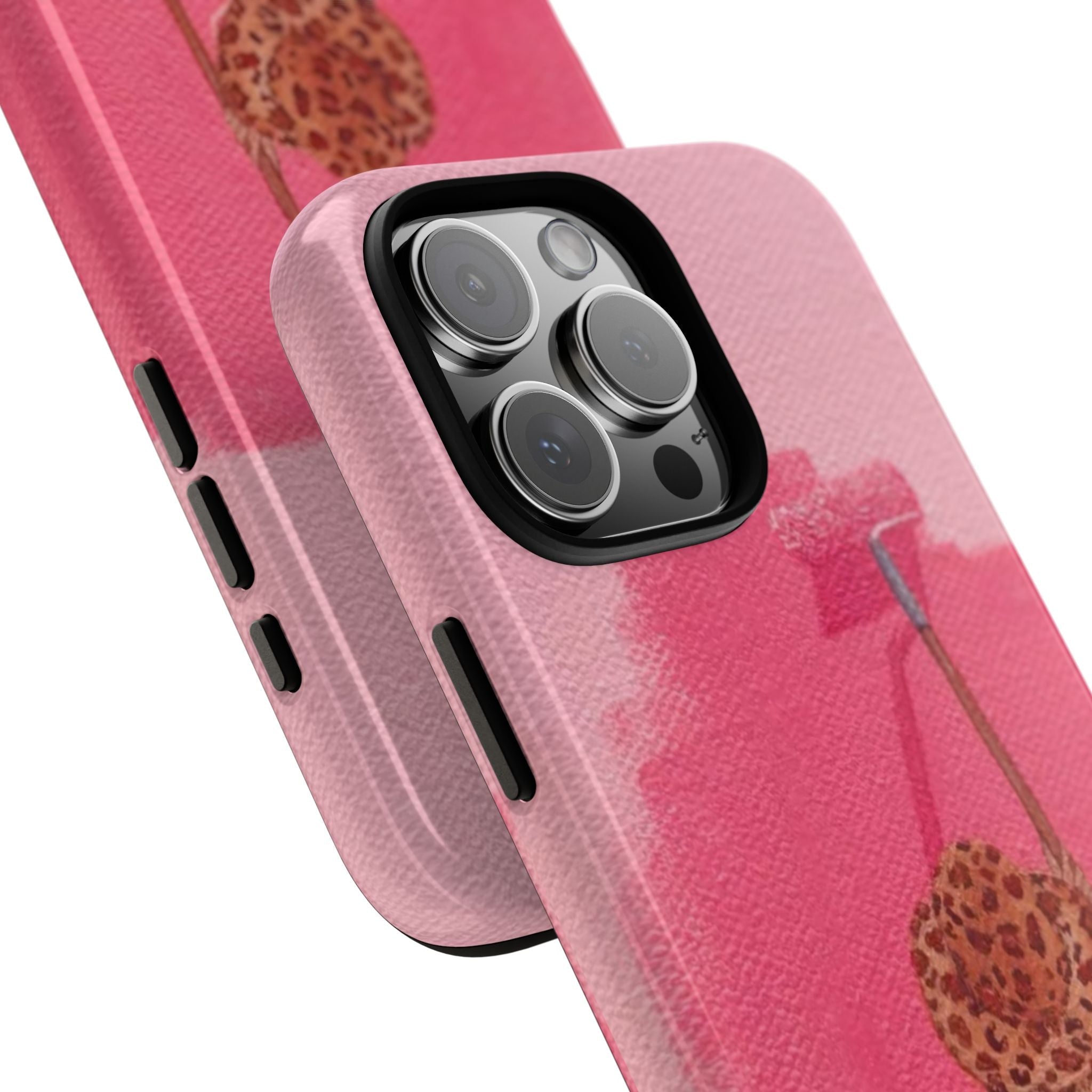 Pink cowgirl painting phone case angled view; rear camera lenses visible