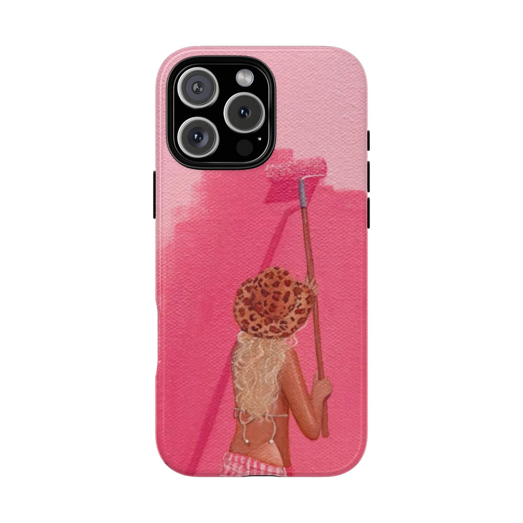 Pink cowgirl painting phone case with leopard-hat figure and pink background
